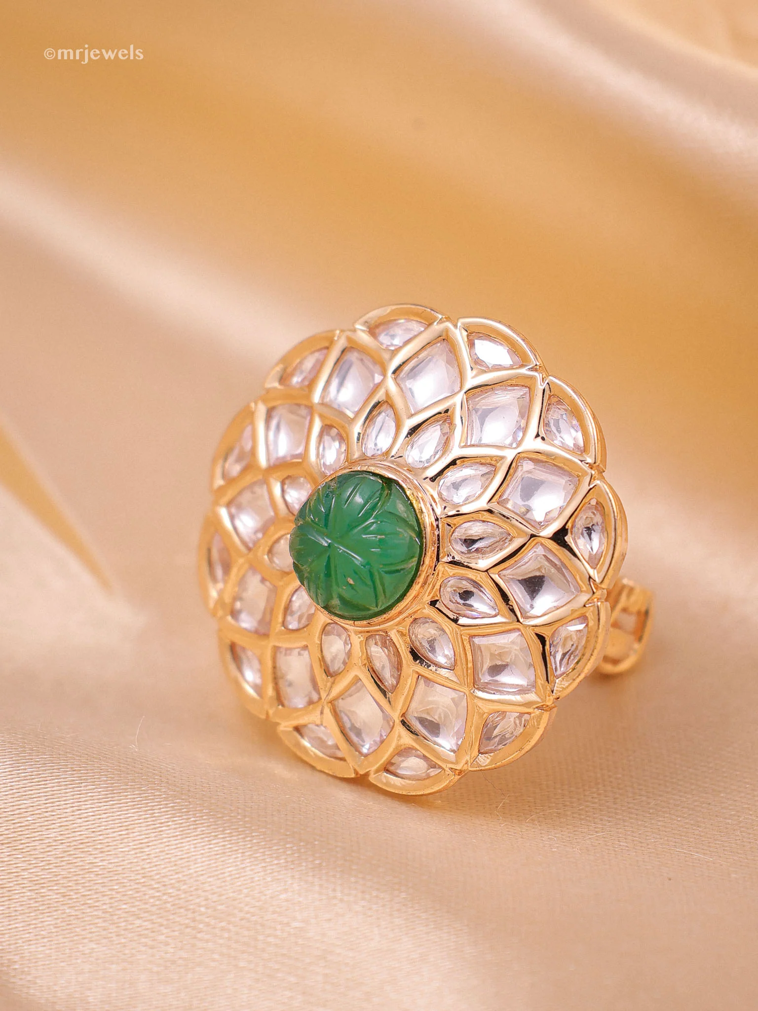Jharokha Carved Gem Polki Ring (Adjustable) - Image 2