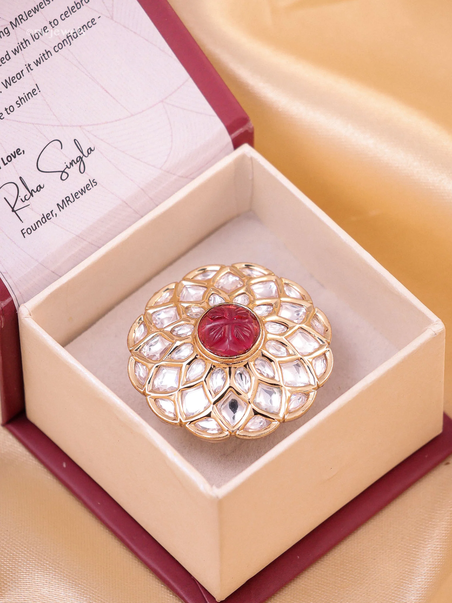 Jharokha Carved Gem Polki Ring (Adjustable) - Image 4