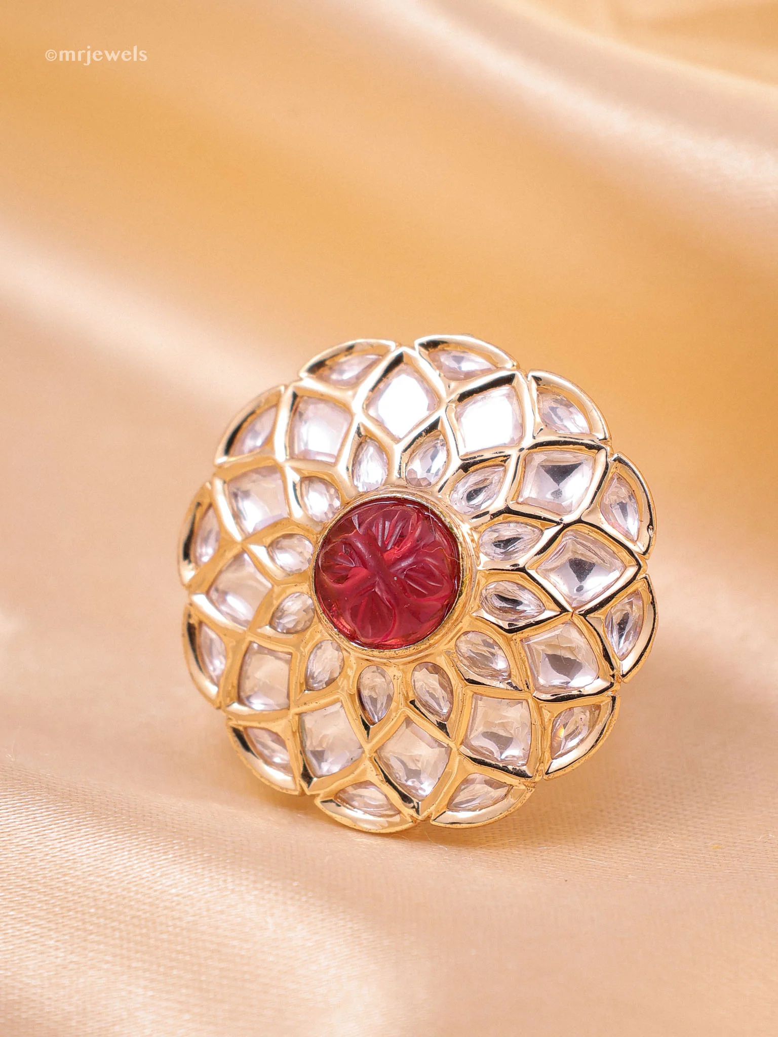 Jharokha Carved Gem Polki Ring (Adjustable) - Image 5