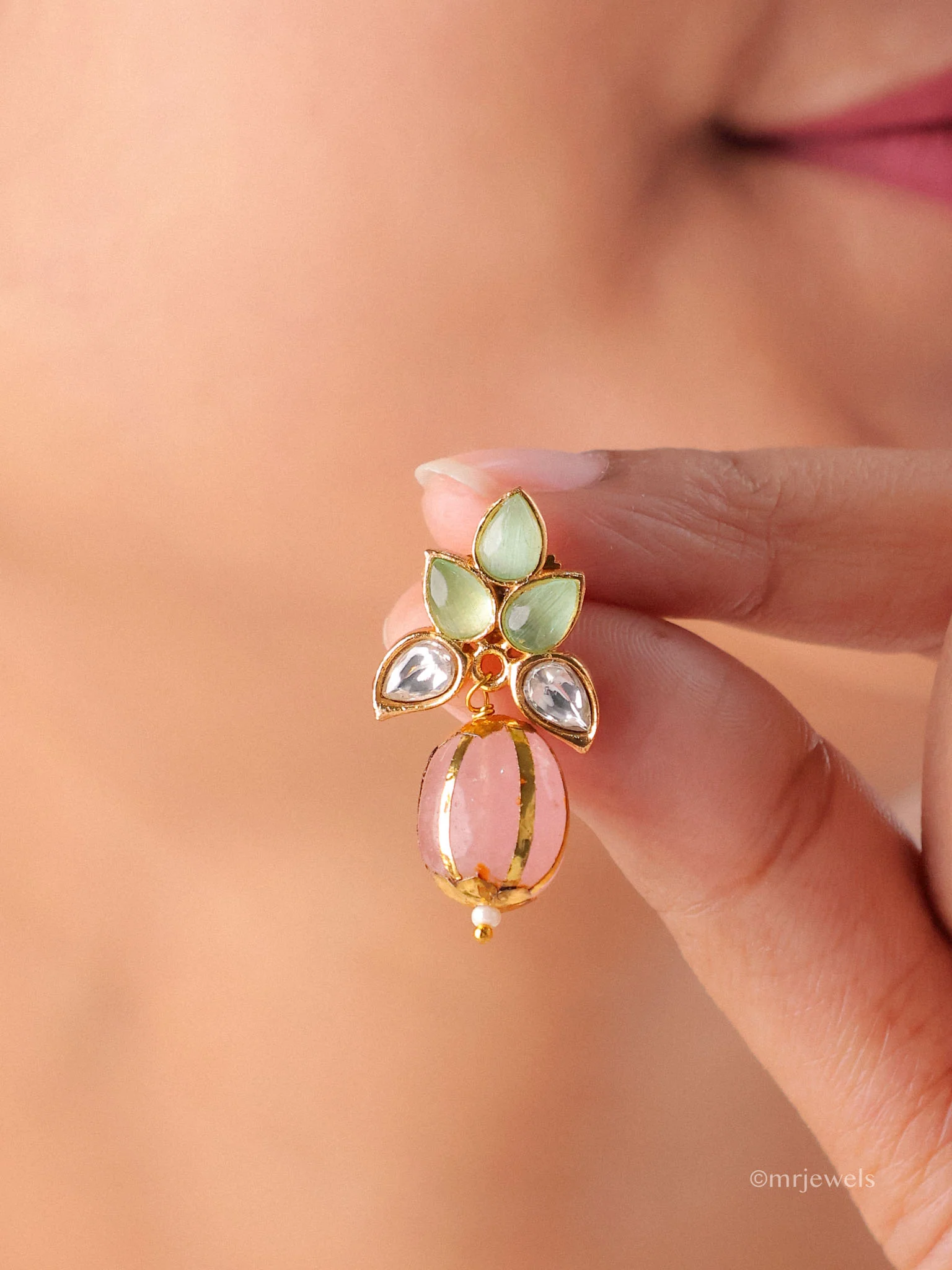 Kundan Floral Crystal Drop Earrings - Image 2