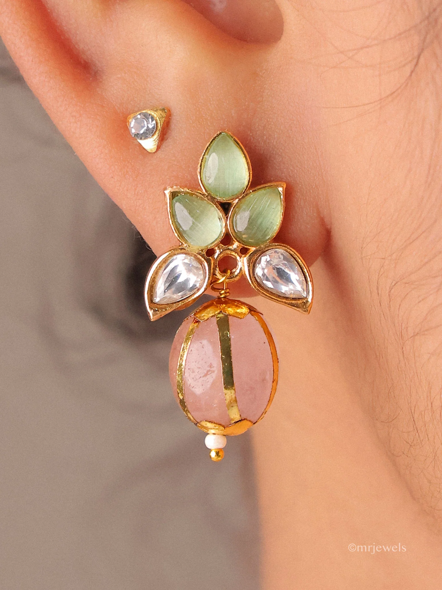 Kundan Floral Crystal Drop Earrings - Image 3