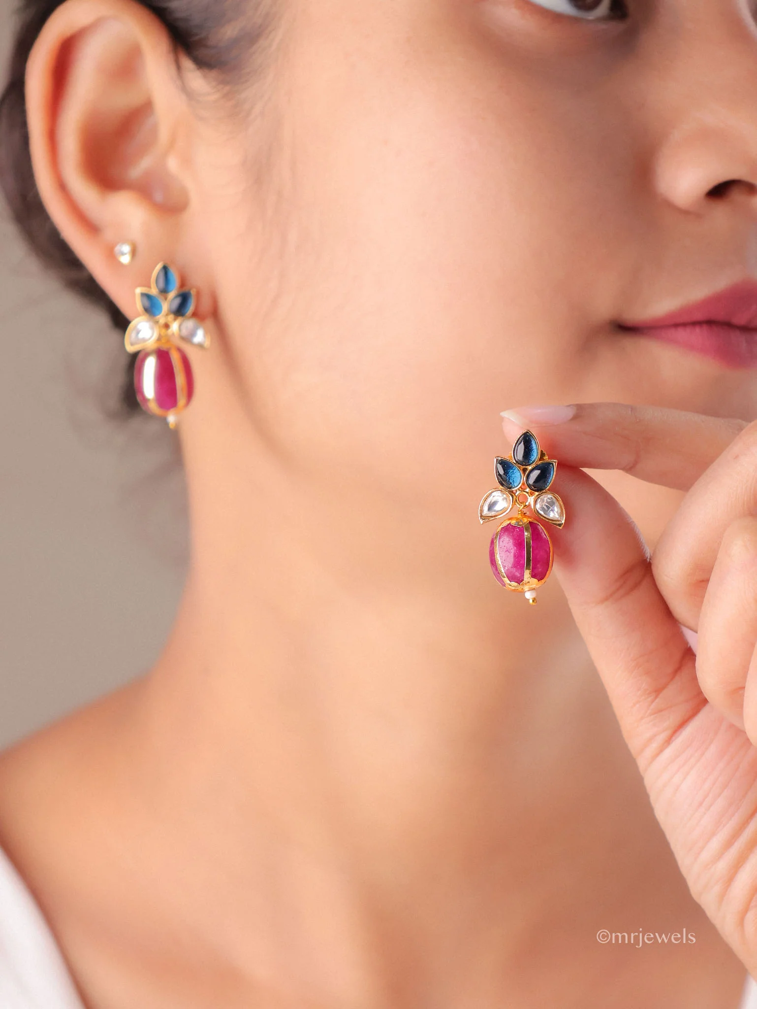 Kundan Floral Crystal Drop Earrings - Image 7