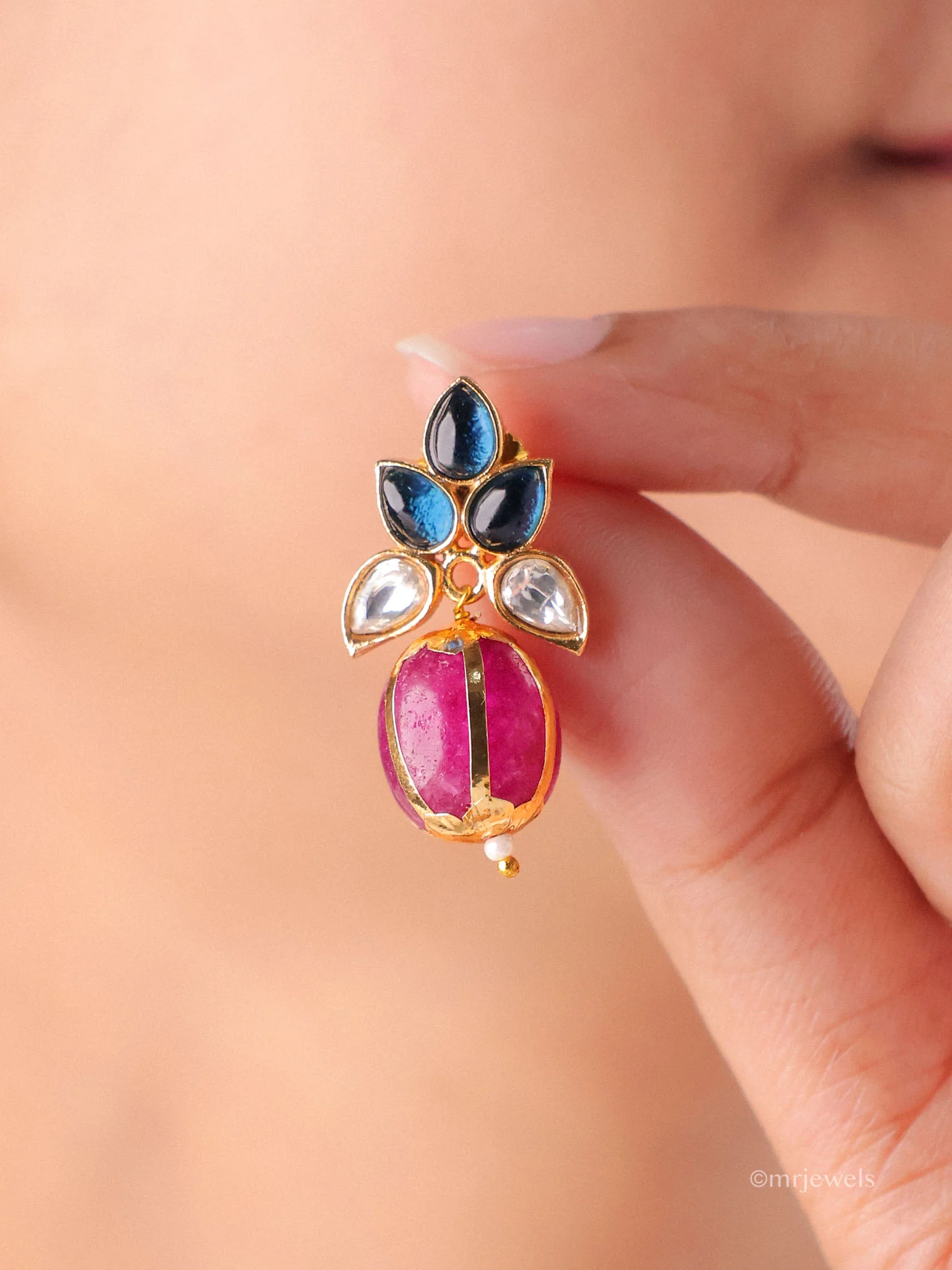 Kundan Floral Crystal Drop Earrings - Image 8
