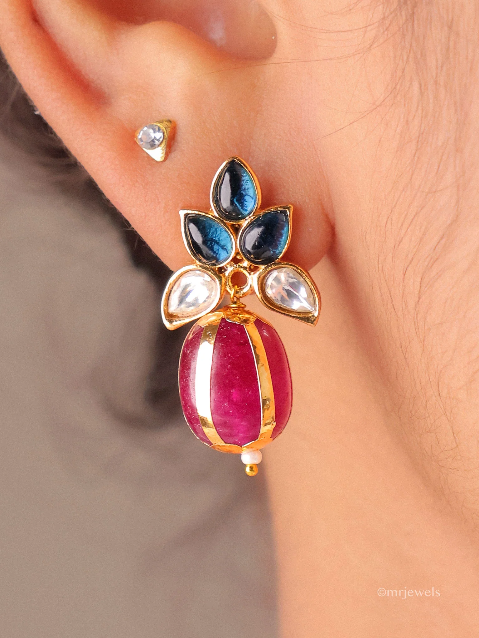 Kundan Floral Crystal Drop Earrings - Image 9