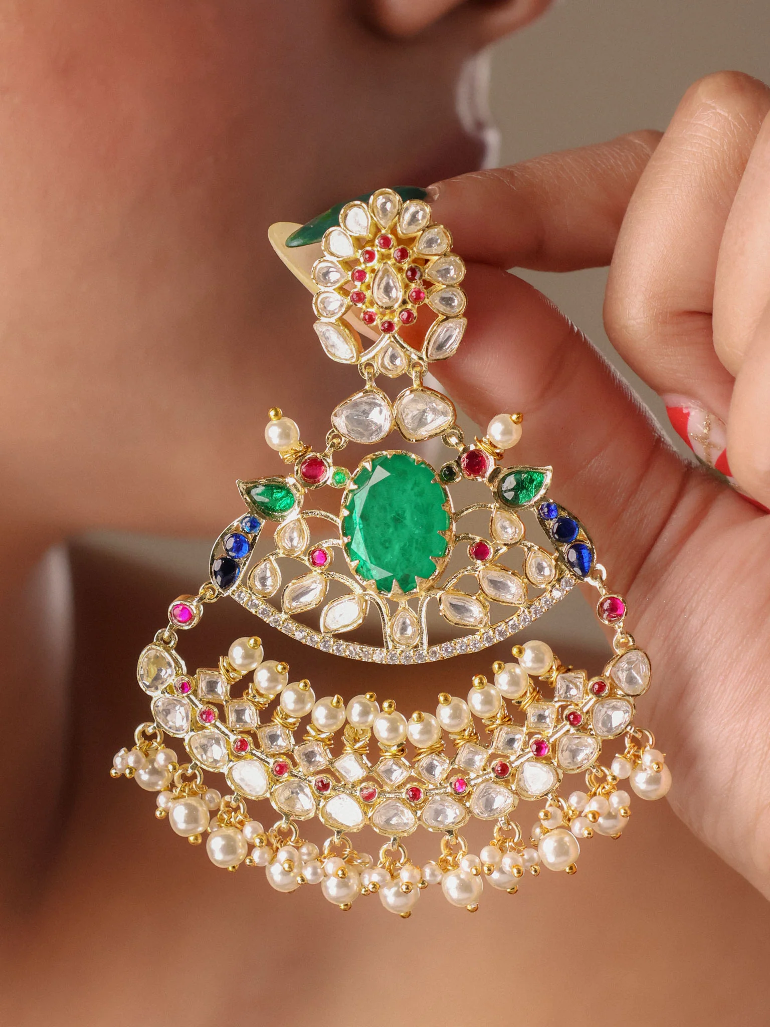 Kundan Statement Pearl Drop Earrings - Image 2