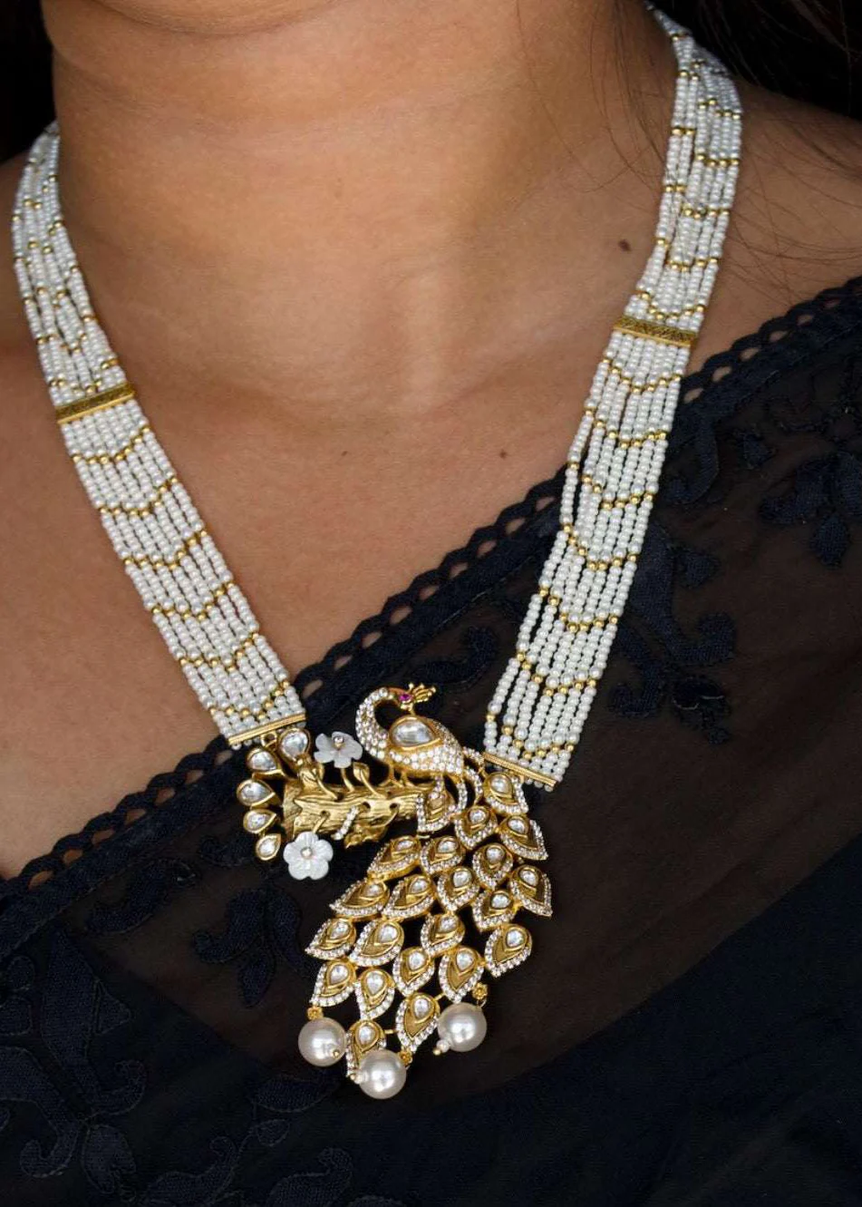 Lavanaya Peacock Pearl Statement Necklace Set - Image 4