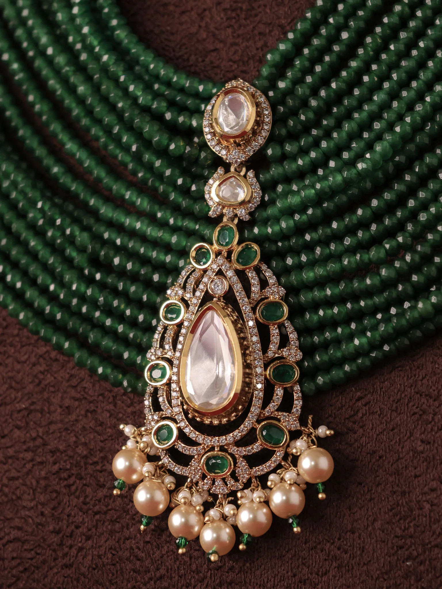 Layered Beaded Polki Designer Royal Necklace Set - Image 2