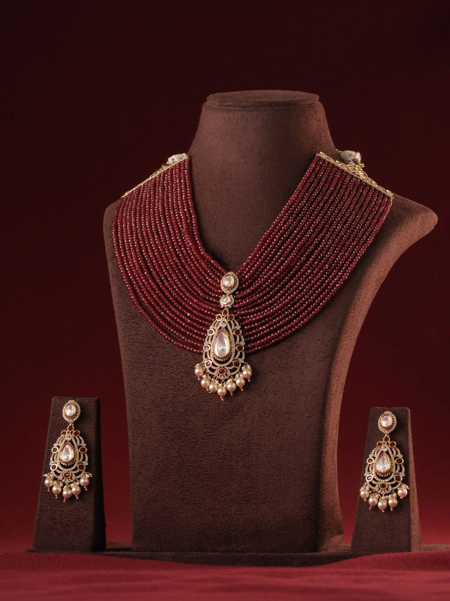 Layered Beaded Polki Designer Royal Necklace Set - Image 3