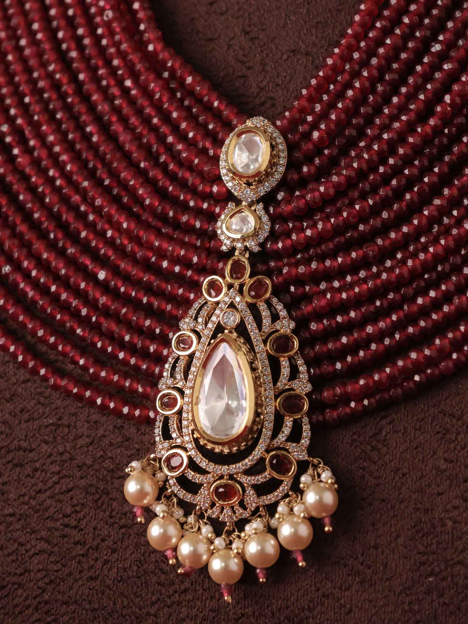 Layered Beaded Polki Designer Royal Necklace Set - Image 4