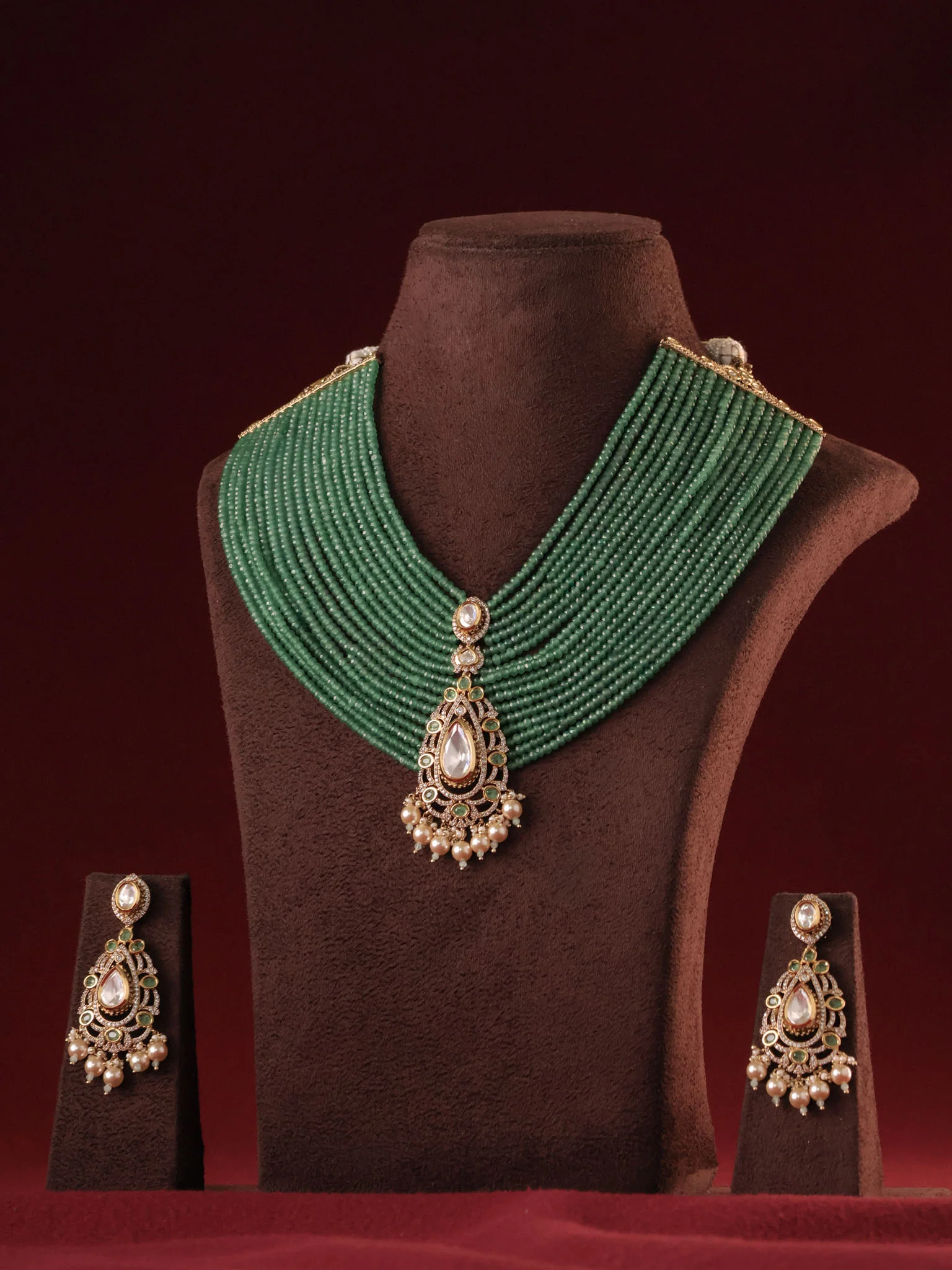 Layered Beaded Polki Designer Royal Necklace Set - Image 7