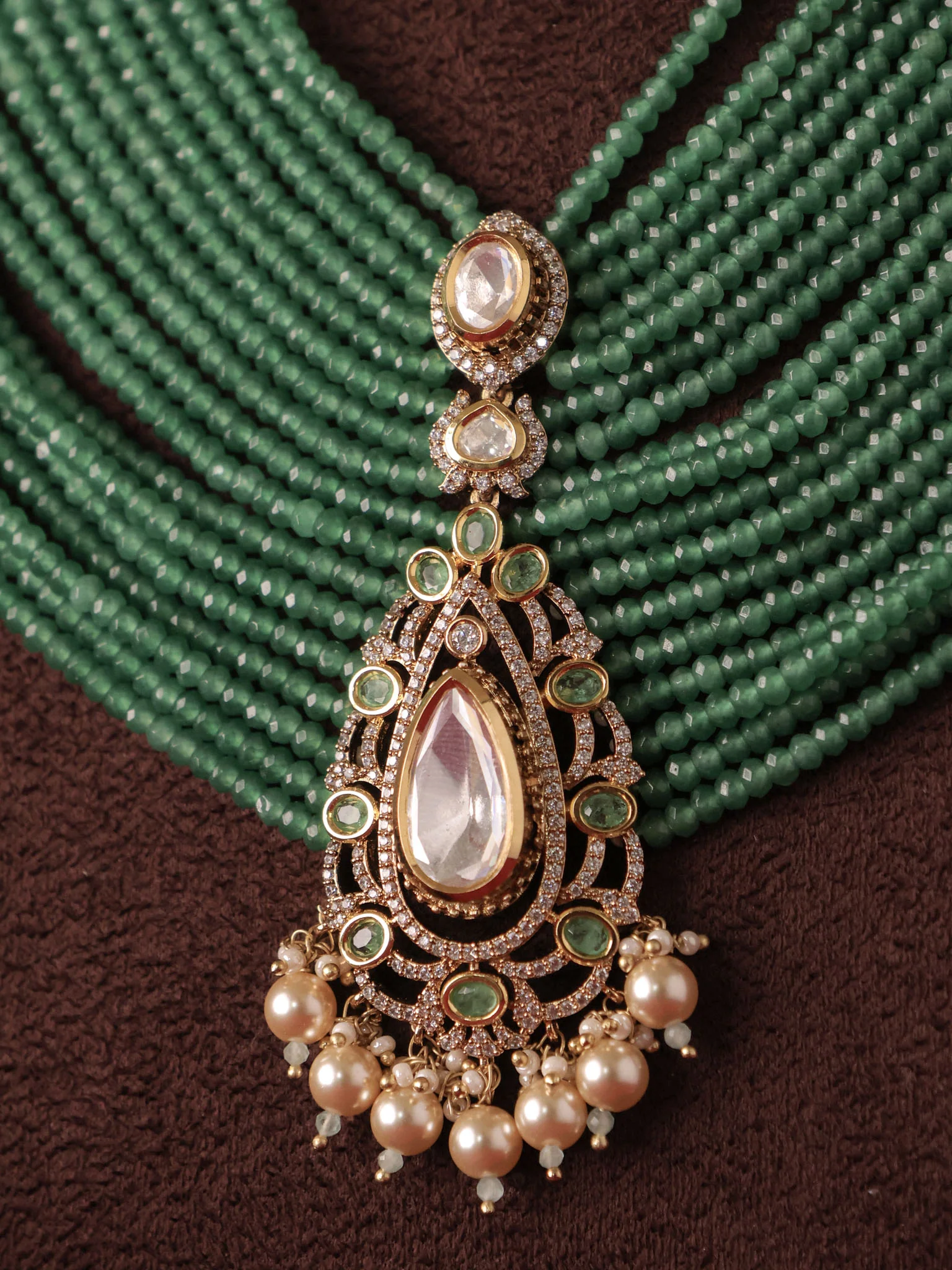 Layered Beaded Polki Designer Royal Necklace Set - Image 8