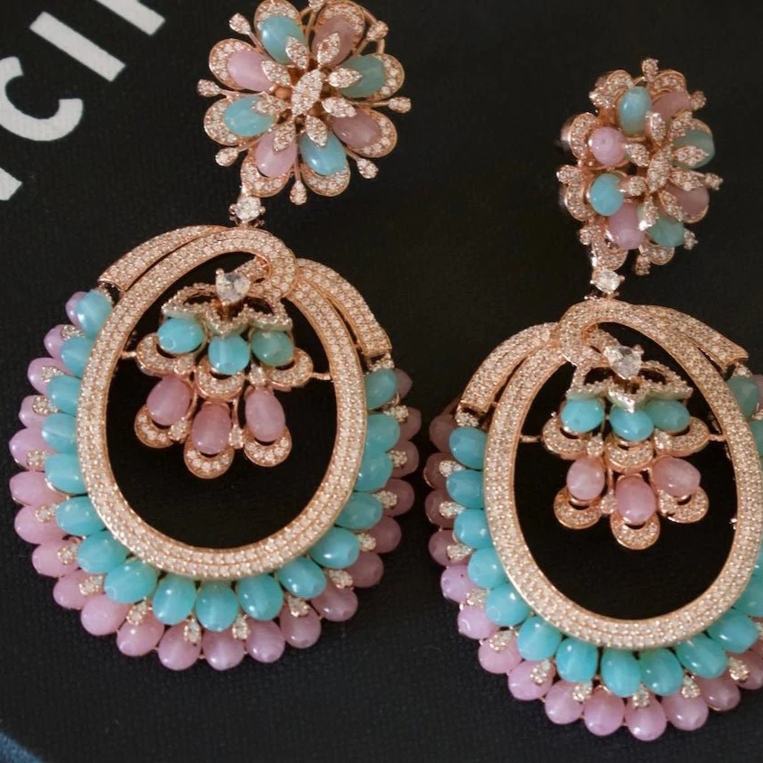 Long Pastel beads Diamond Cocktail Earrings - Image 2