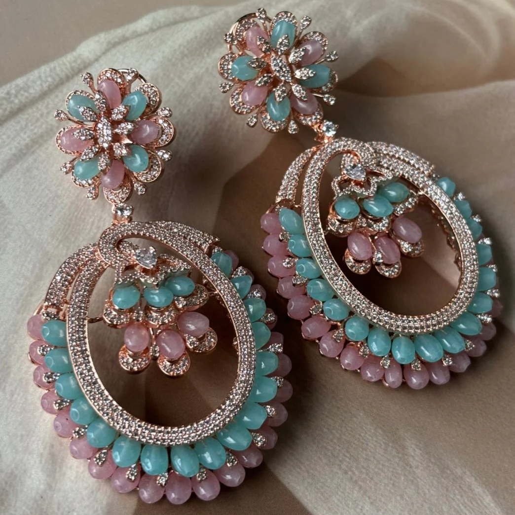 Long Pastel beads Diamond Cocktail Earrings - Image 3