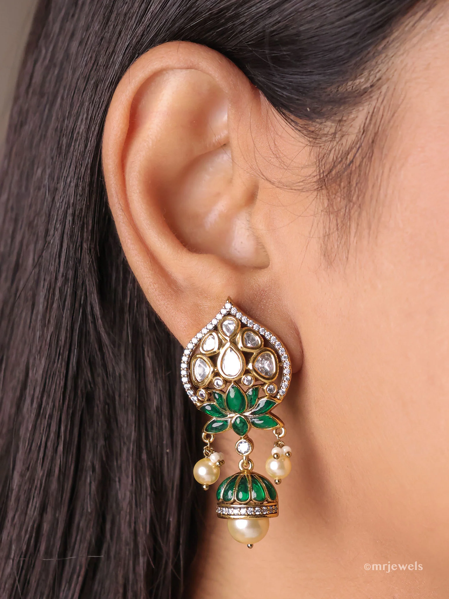 Lotus Meenakari Kundan Jhumka Earrings - Image 2