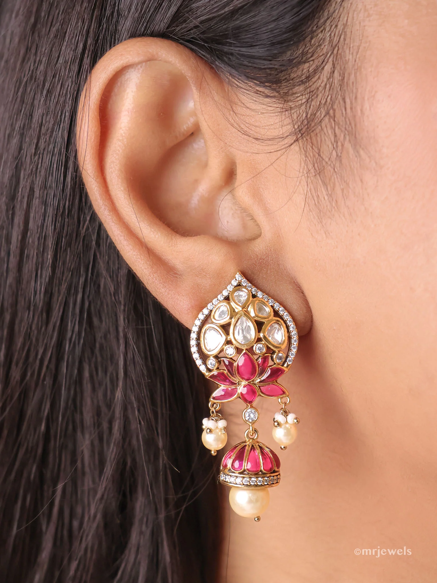 Lotus Meenakari Kundan Jhumka Earrings - Image 3
