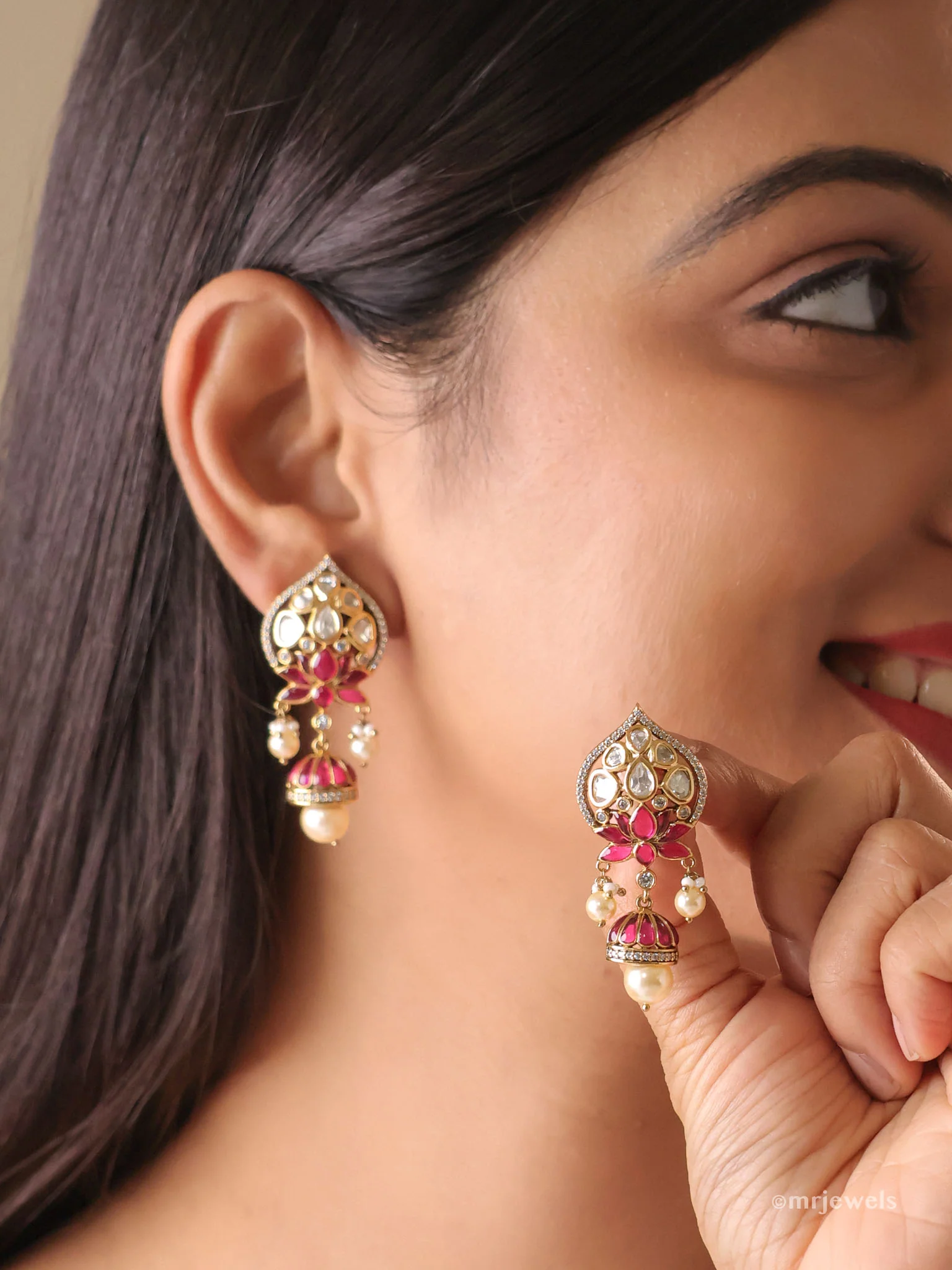 Lotus Meenakari Kundan Jhumka Earrings - Image 6