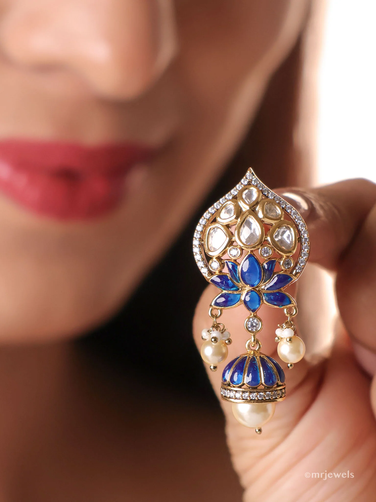 Lotus Meenakari Kundan Jhumka Earrings - Image 7