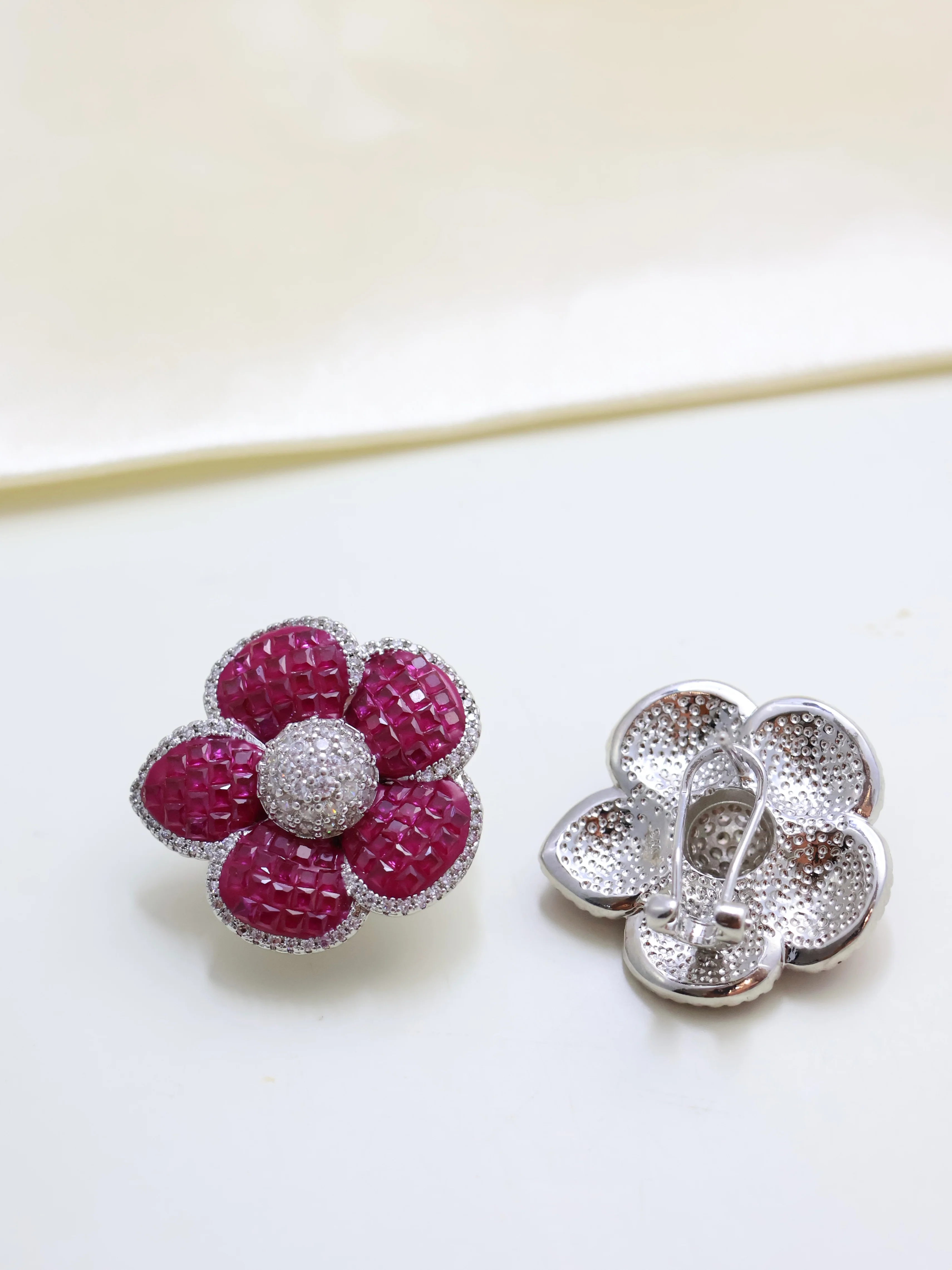 Ruby Flower Earrings Invisible Settings - Image 3