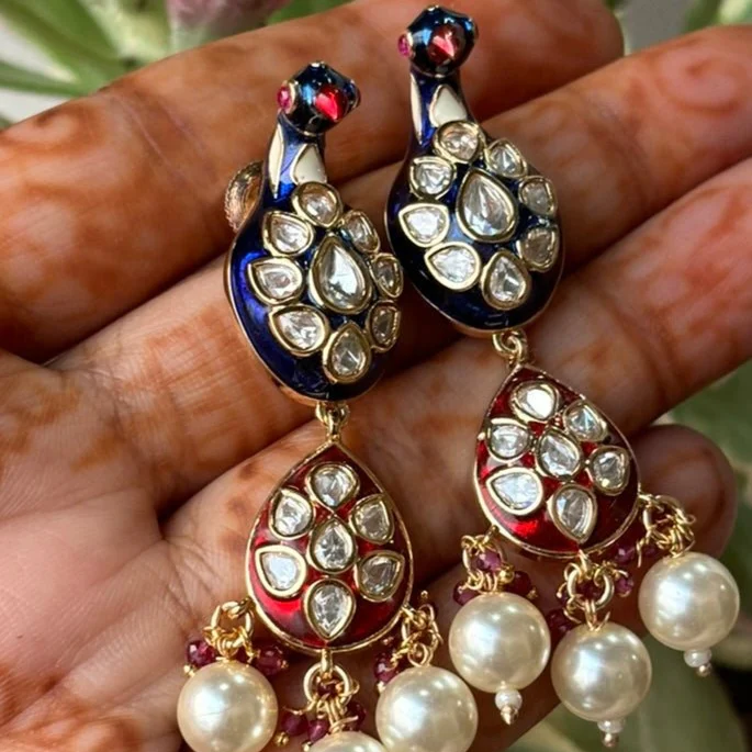 Peacock Meenakari Kundan Earrings - Image 3