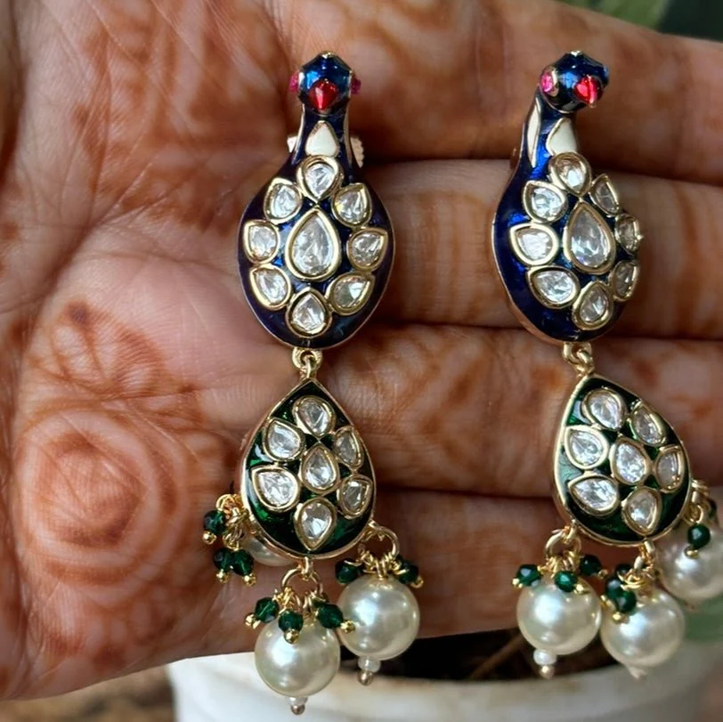 Peacock Meenakari Kundan Earrings - Image 4