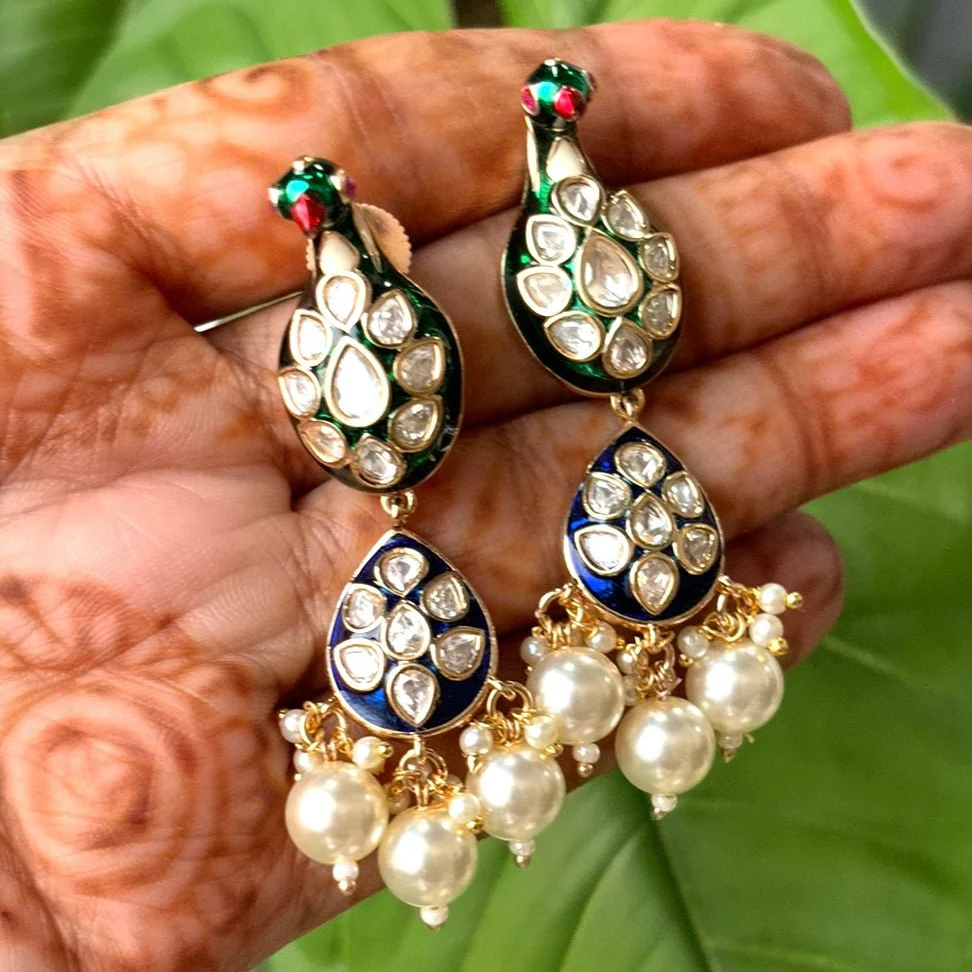 Peacock Meenakari Kundan Earrings - Image 7