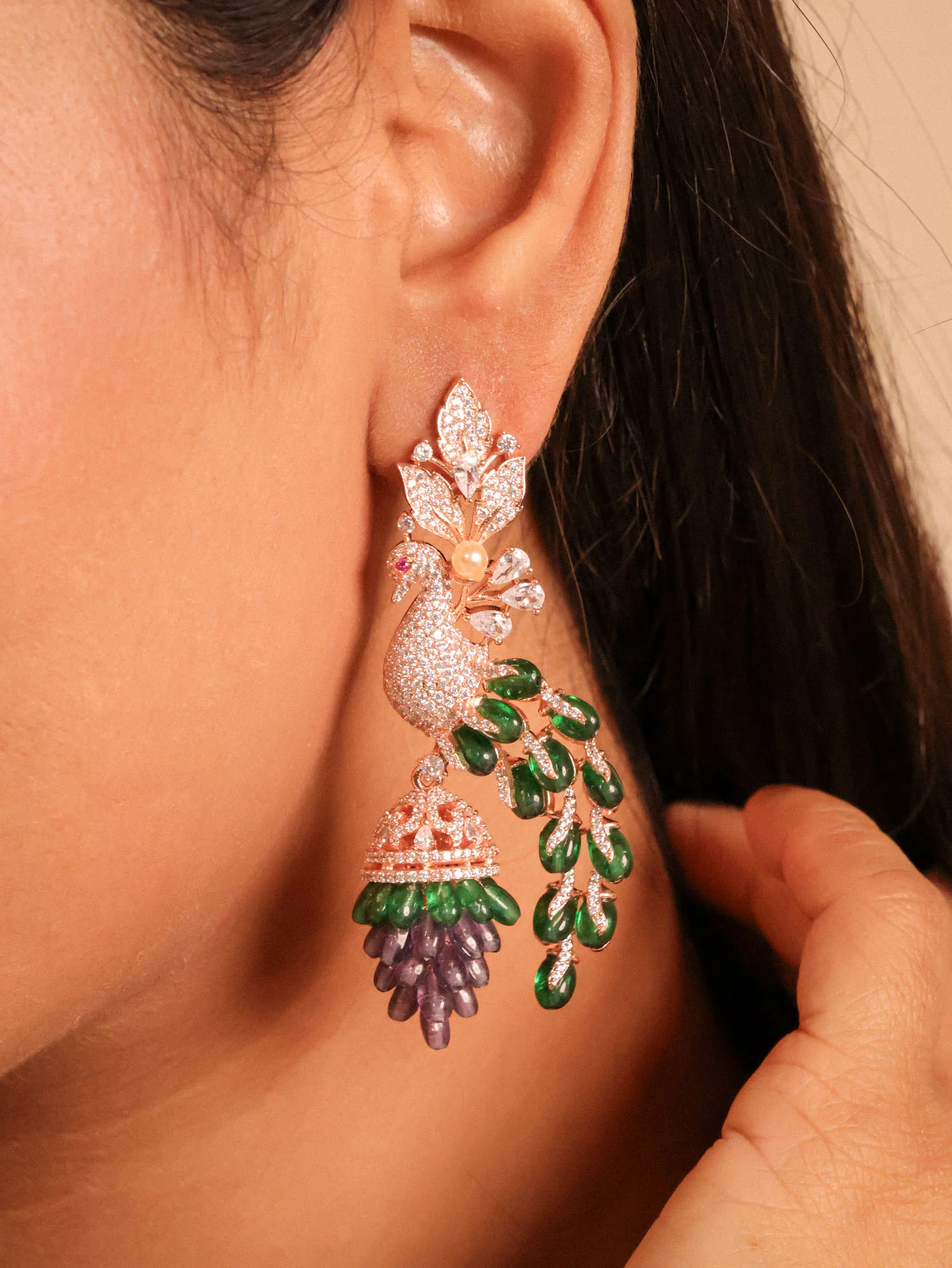 Luxury Peacock Statement Earrings with Gemstone Drops - Image 2