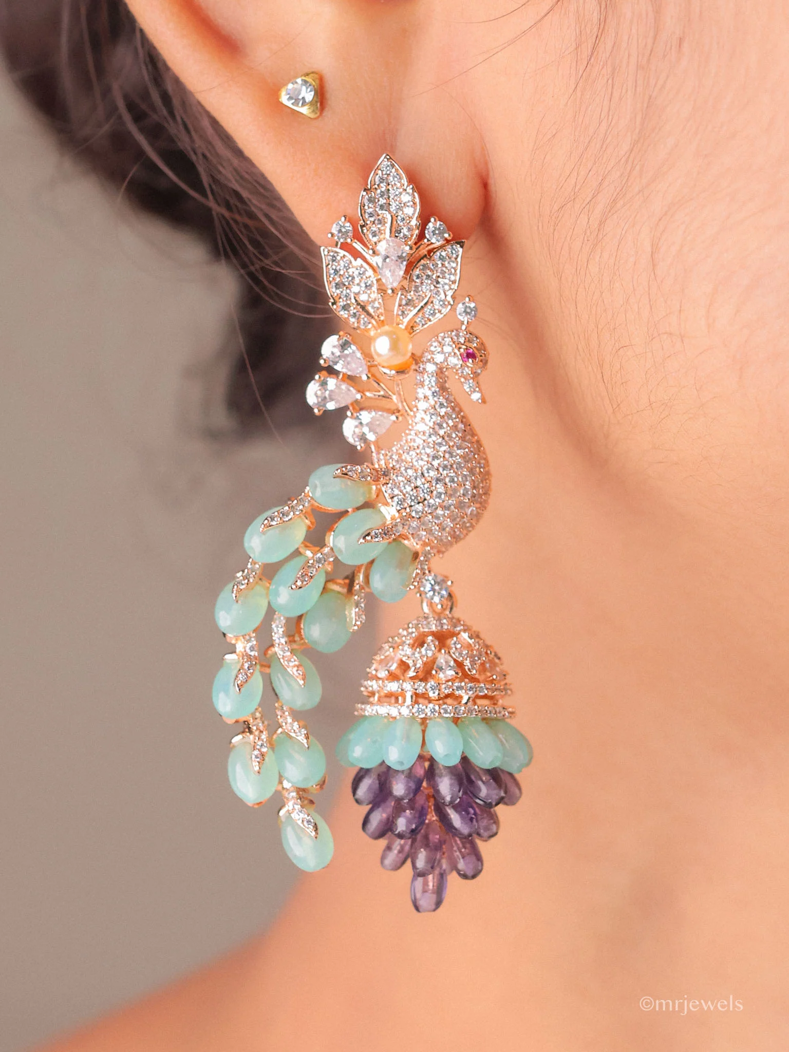 Luxury Peacock Statement Earrings with Gemstone Drops - Image 3
