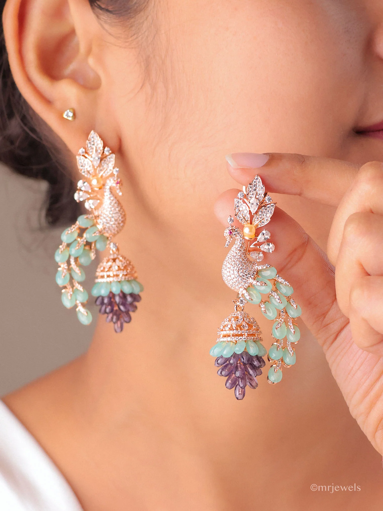 Luxury Peacock Statement Earrings with Gemstone Drops - Image 4