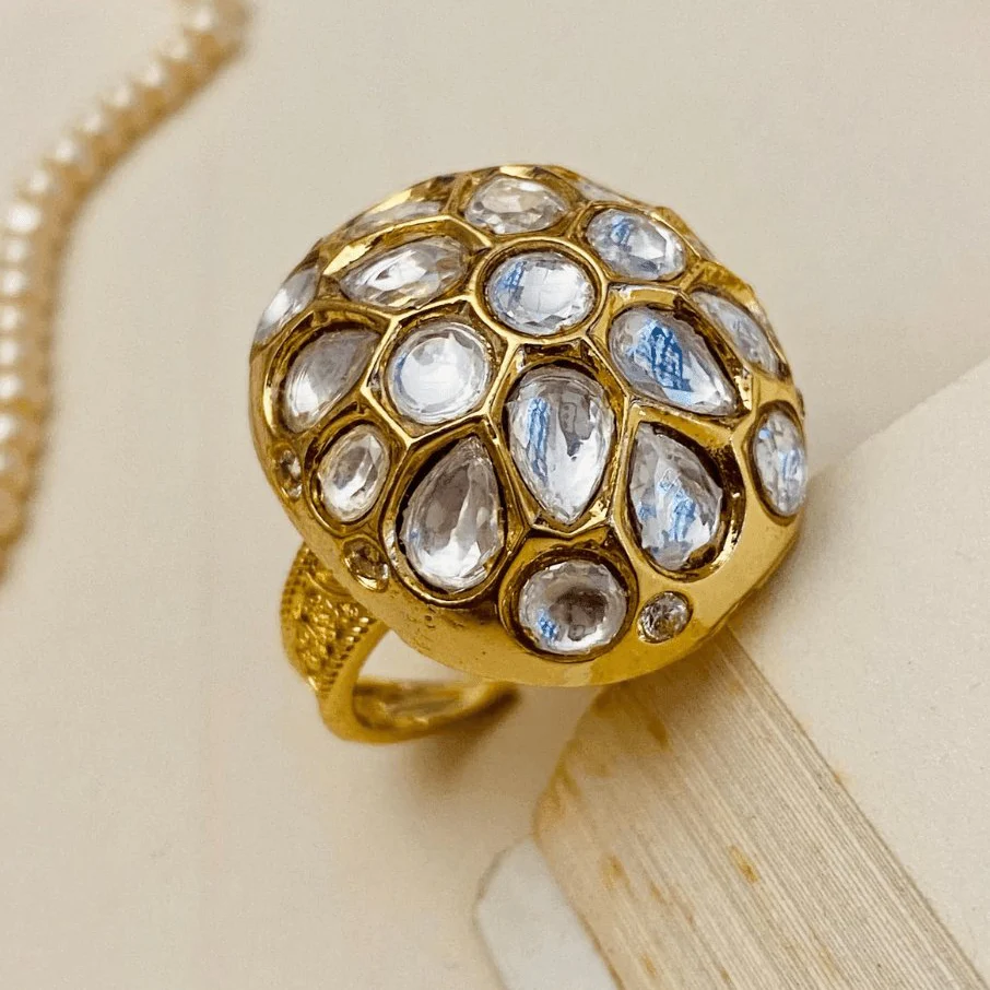 Magnificent Polki Studded Gold Plated Ring-Free size
