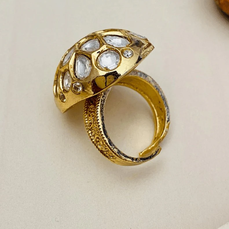 Magnificent Polki Studded Gold Plated Ring-Free size - Image 2