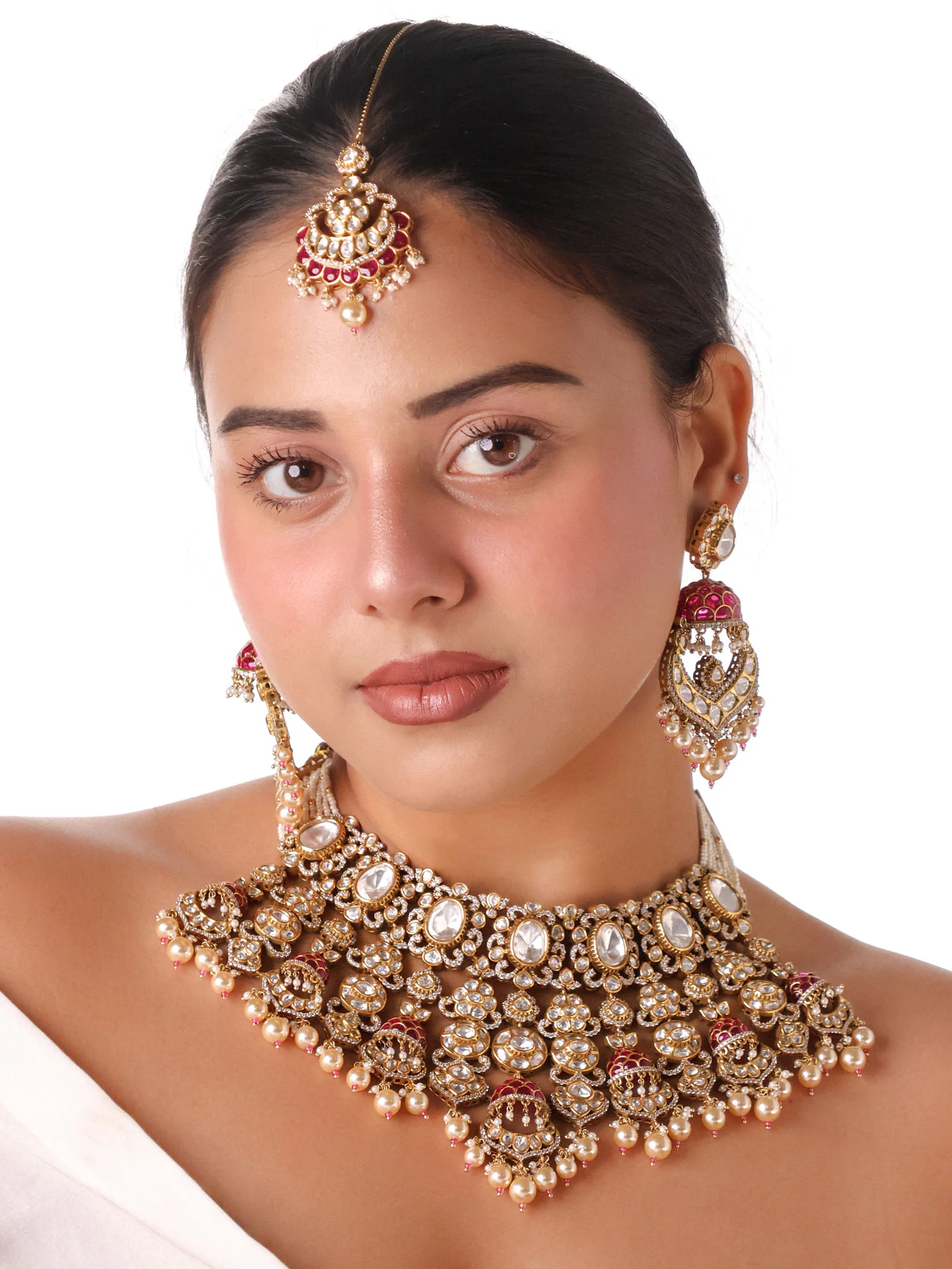 Maharani Polki Bridal Set – Grand Kundan Choker with Pearls, Earrings & Maang-Tikka