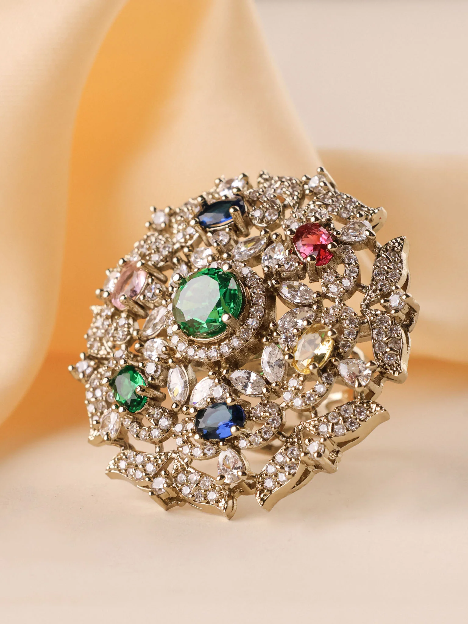 Maharani Navratna Floral Polki Cocktail Ring - Image 3