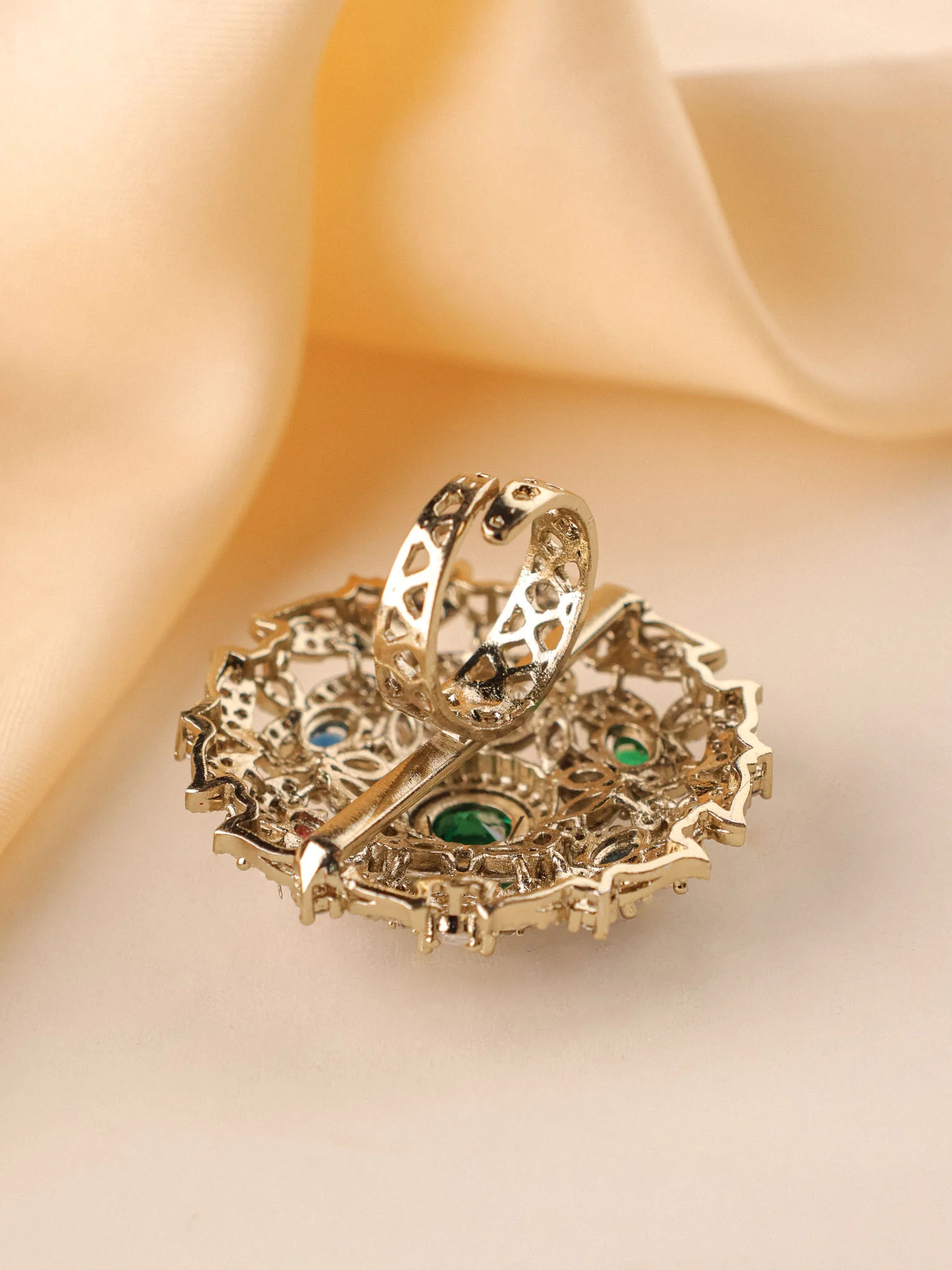Maharani Navratna Floral Polki Cocktail Ring - Image 4