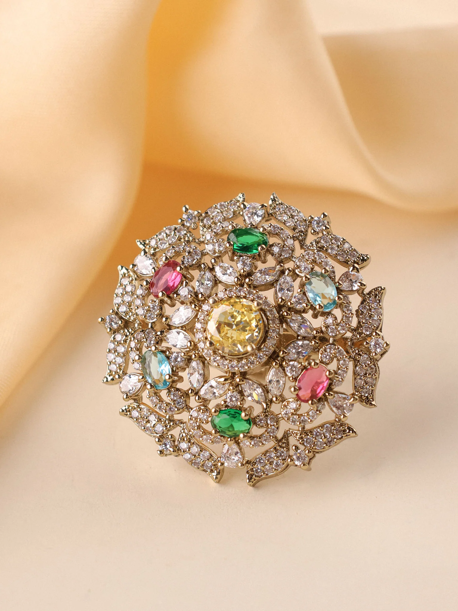 Maharani Navratna Floral Polki Cocktail Ring - Image 5