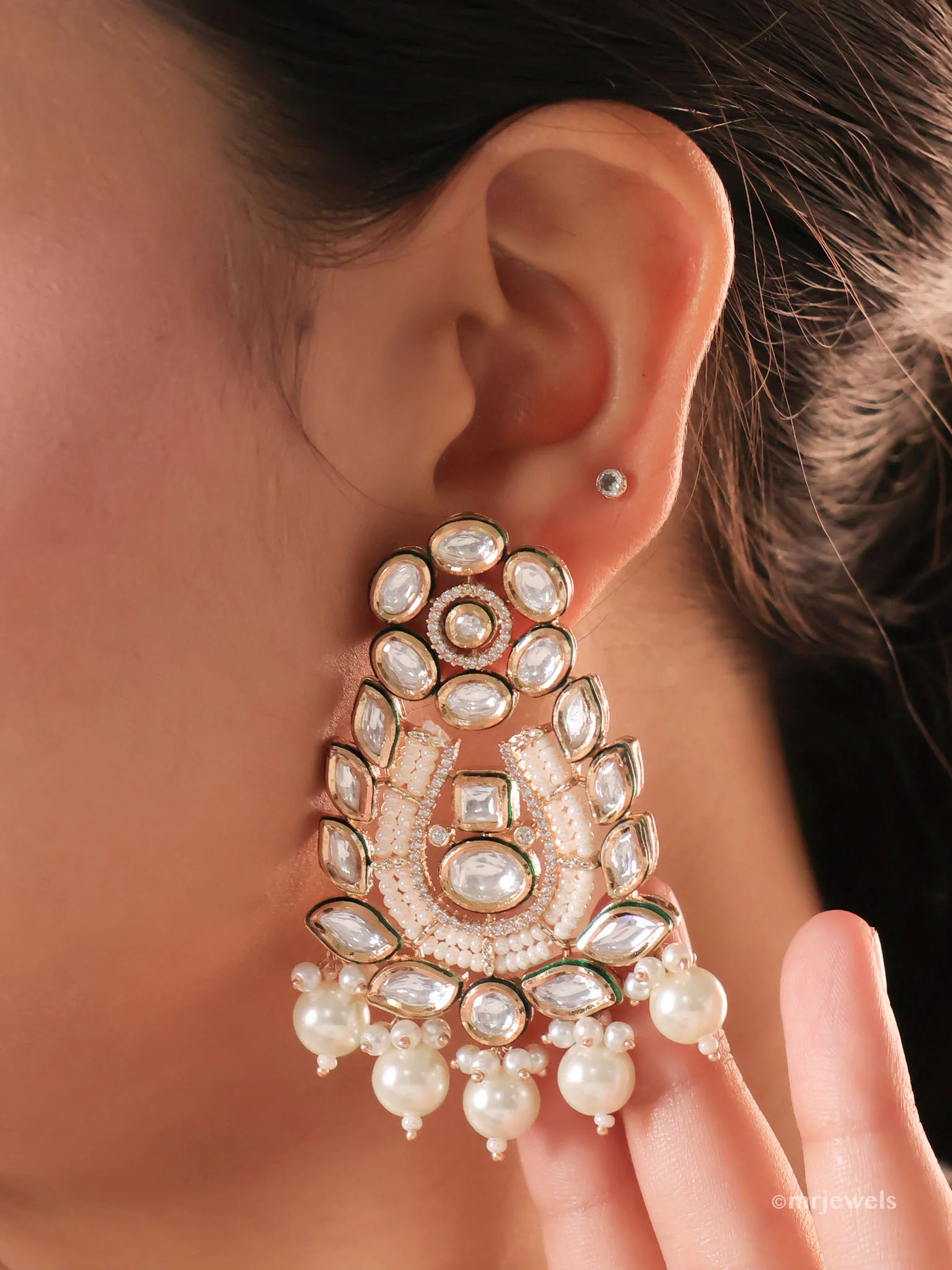 Maharani Polki Pearl Bridal Collar Set (Necklace, Earrings & Maang-Tikka) - Image 3