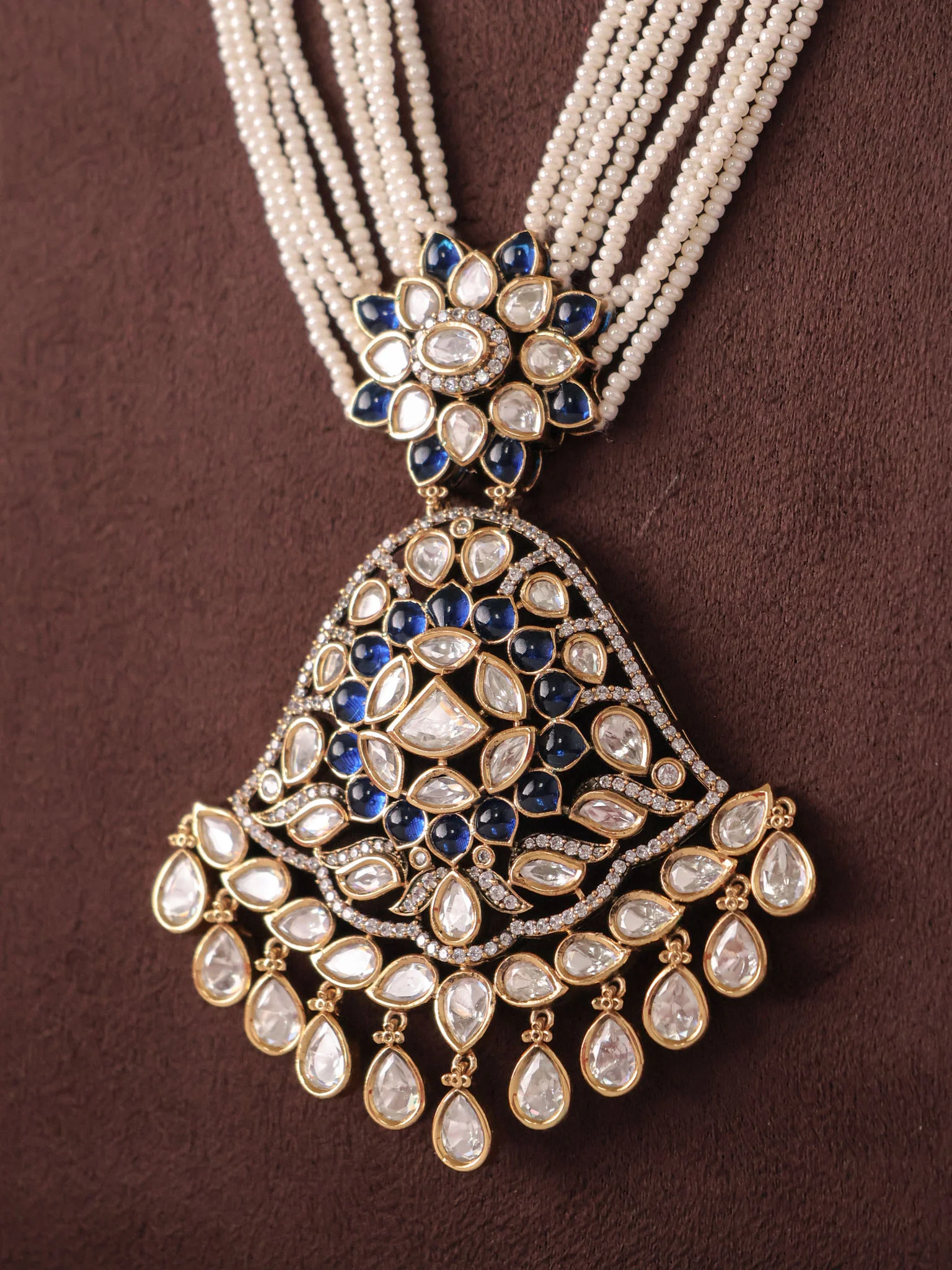 Maharani Polki Pearl Multistrand Necklace Set - Image 2