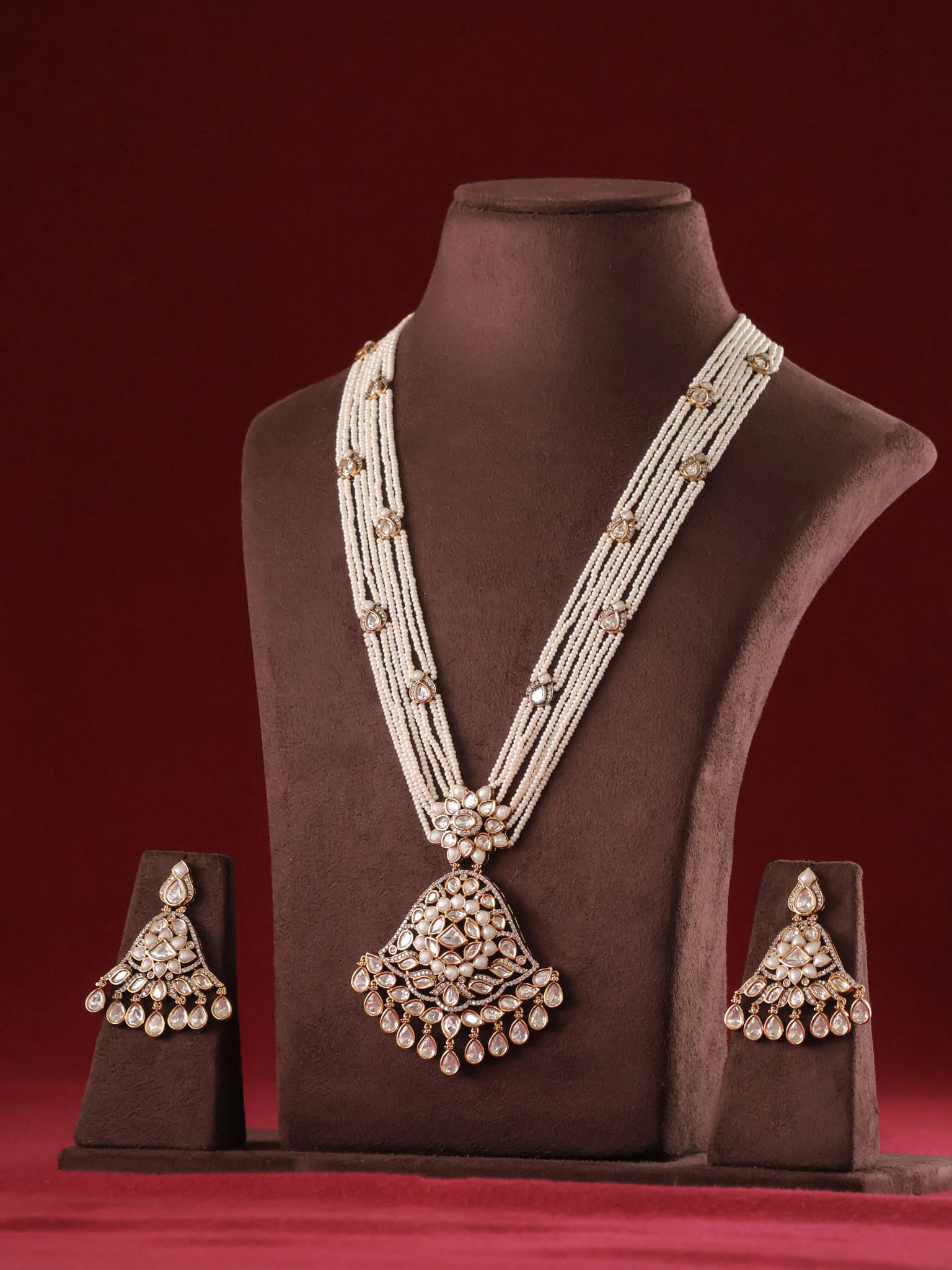 Maharani Polki Pearl Multistrand Necklace Set - Image 4