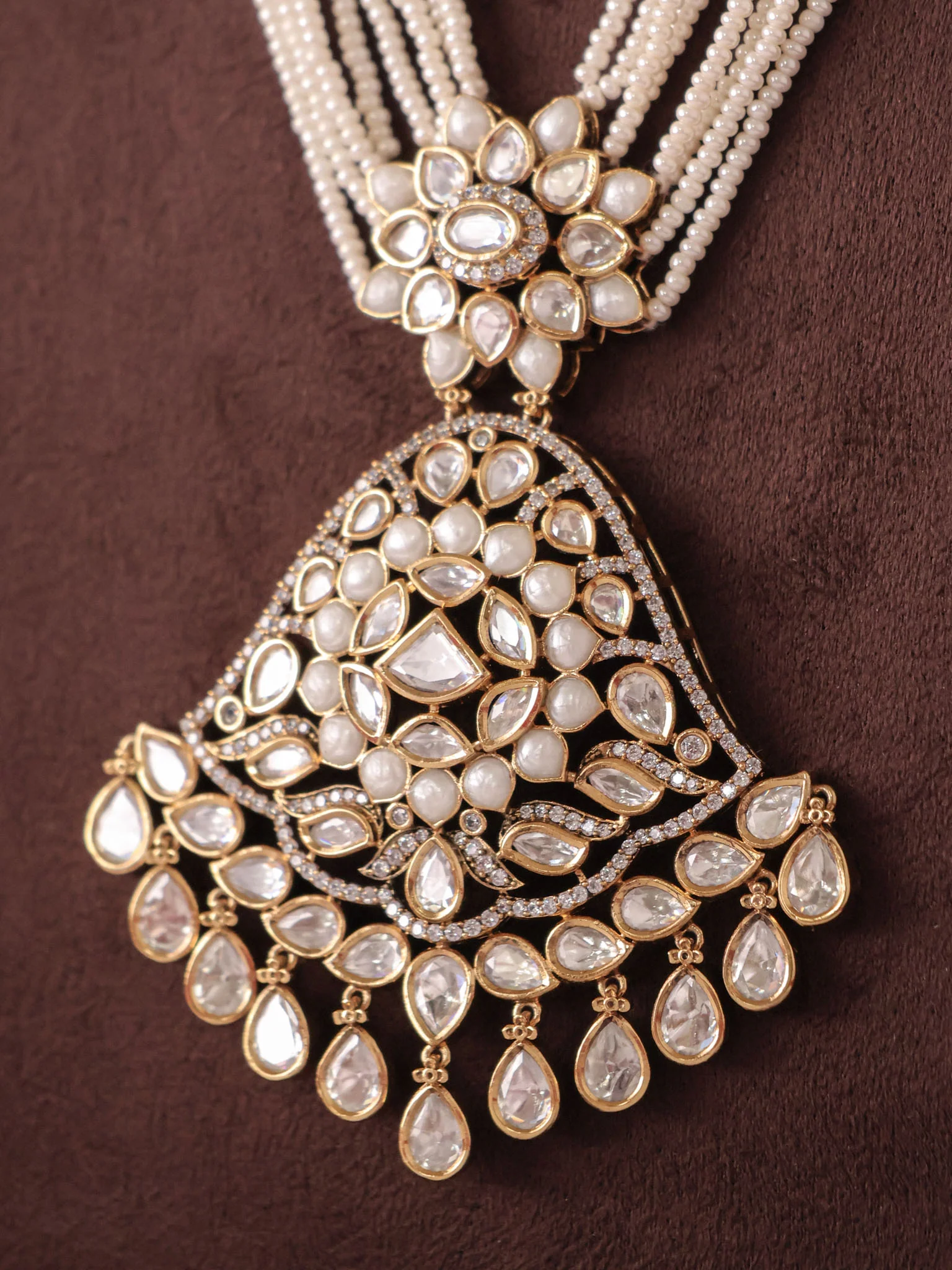 Maharani Polki Pearl Multistrand Necklace Set - Image 5