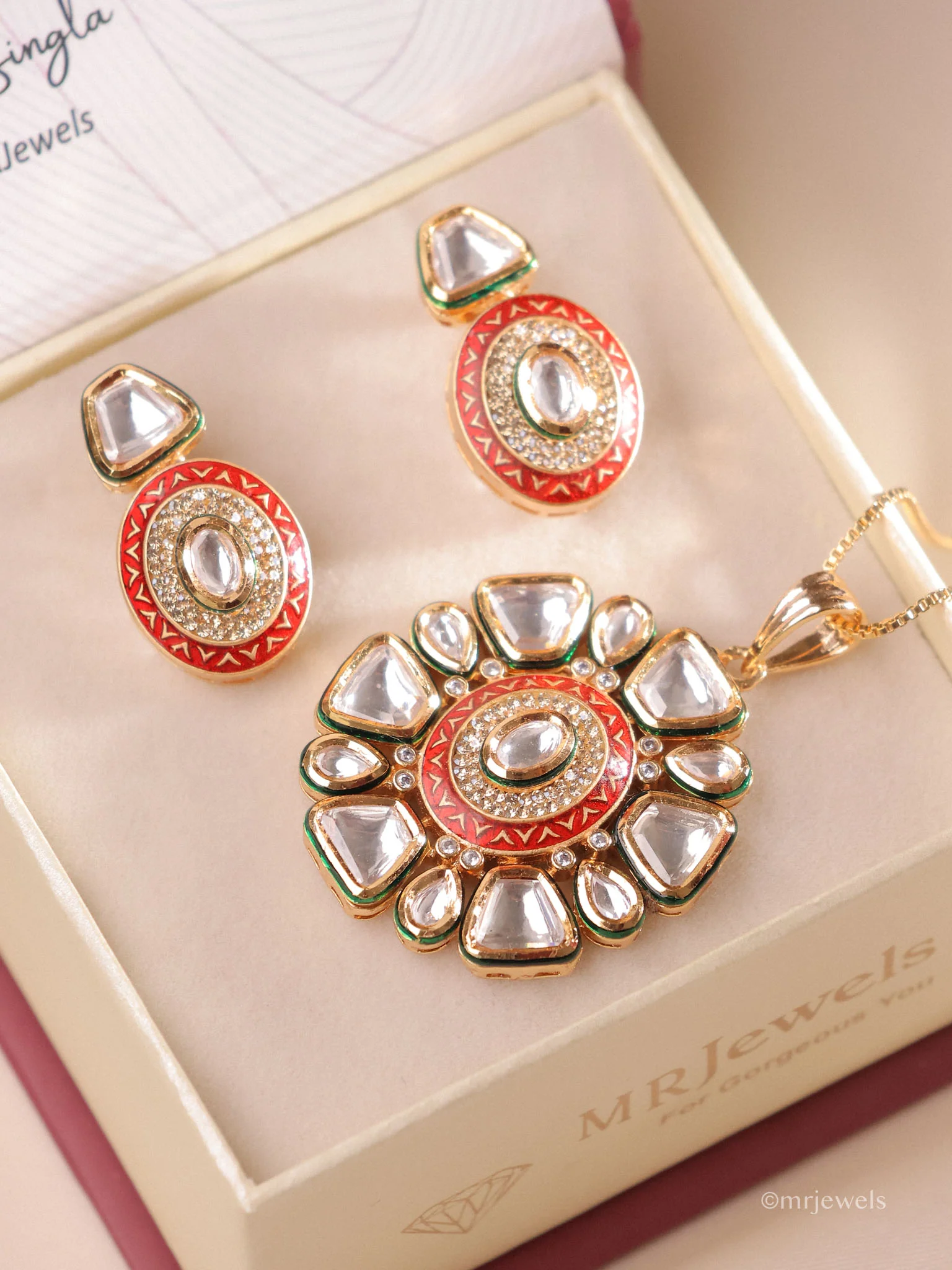 Maheera Floral Kundan Meenakari Pendant Set - Image 2