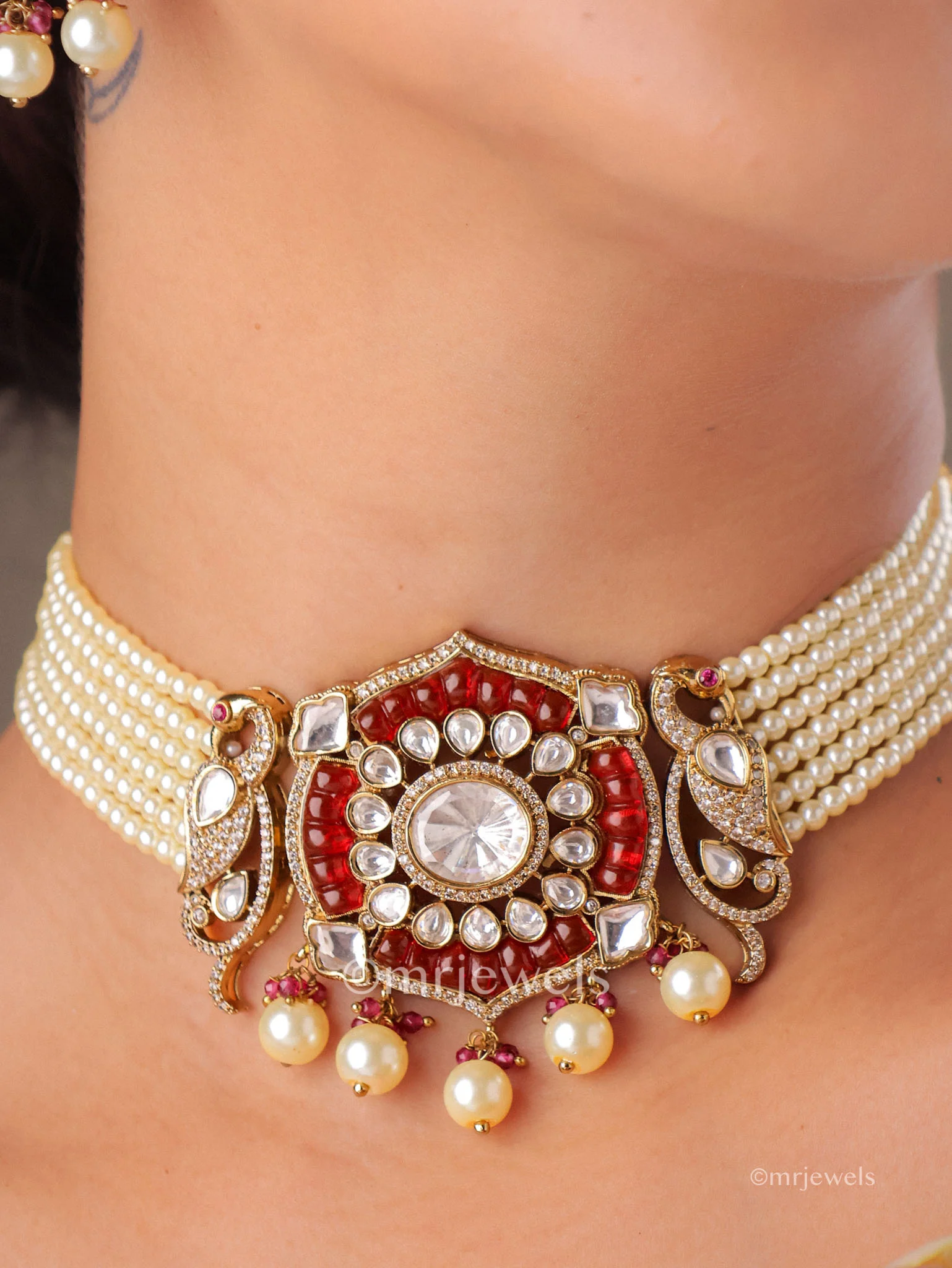 Maheera Kundan Peacock Pearl Choker Set - Image 2