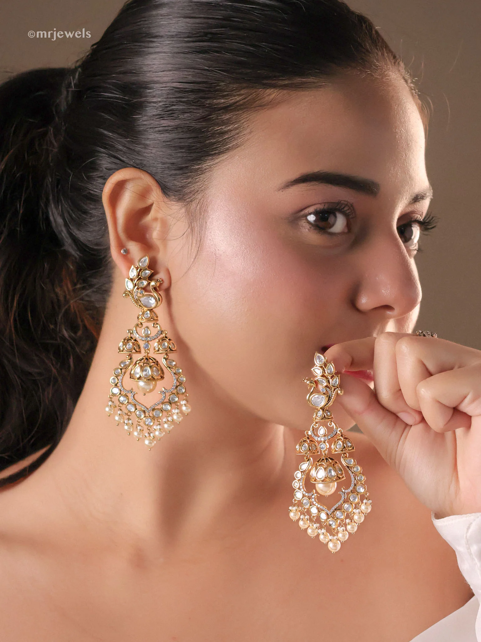 Mayuri Kundan Peacock Pearl Dangler Earrings - Image 2