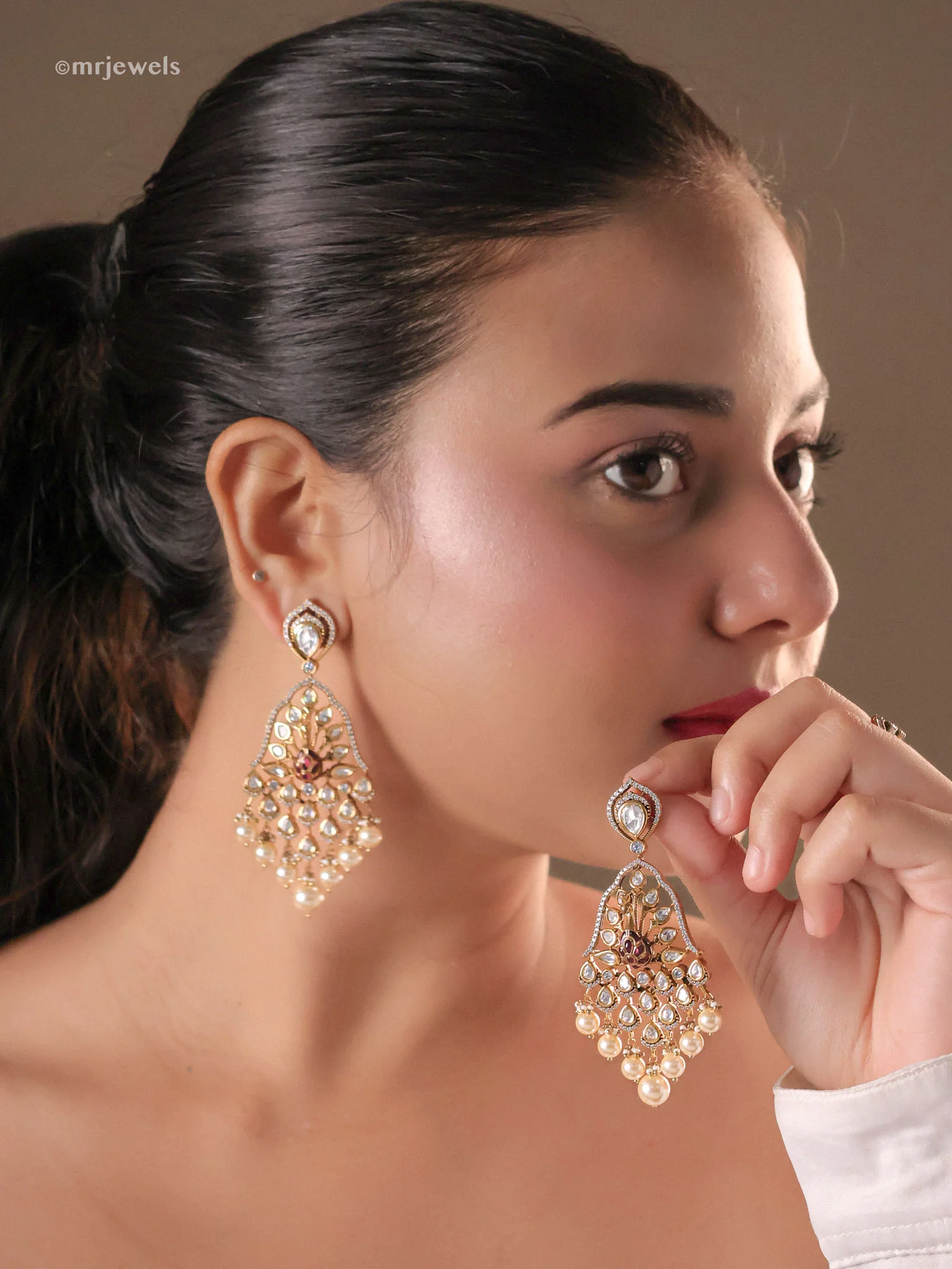 Mayuri Kundan Peacock Pearl Dangler Earrings - Image 3