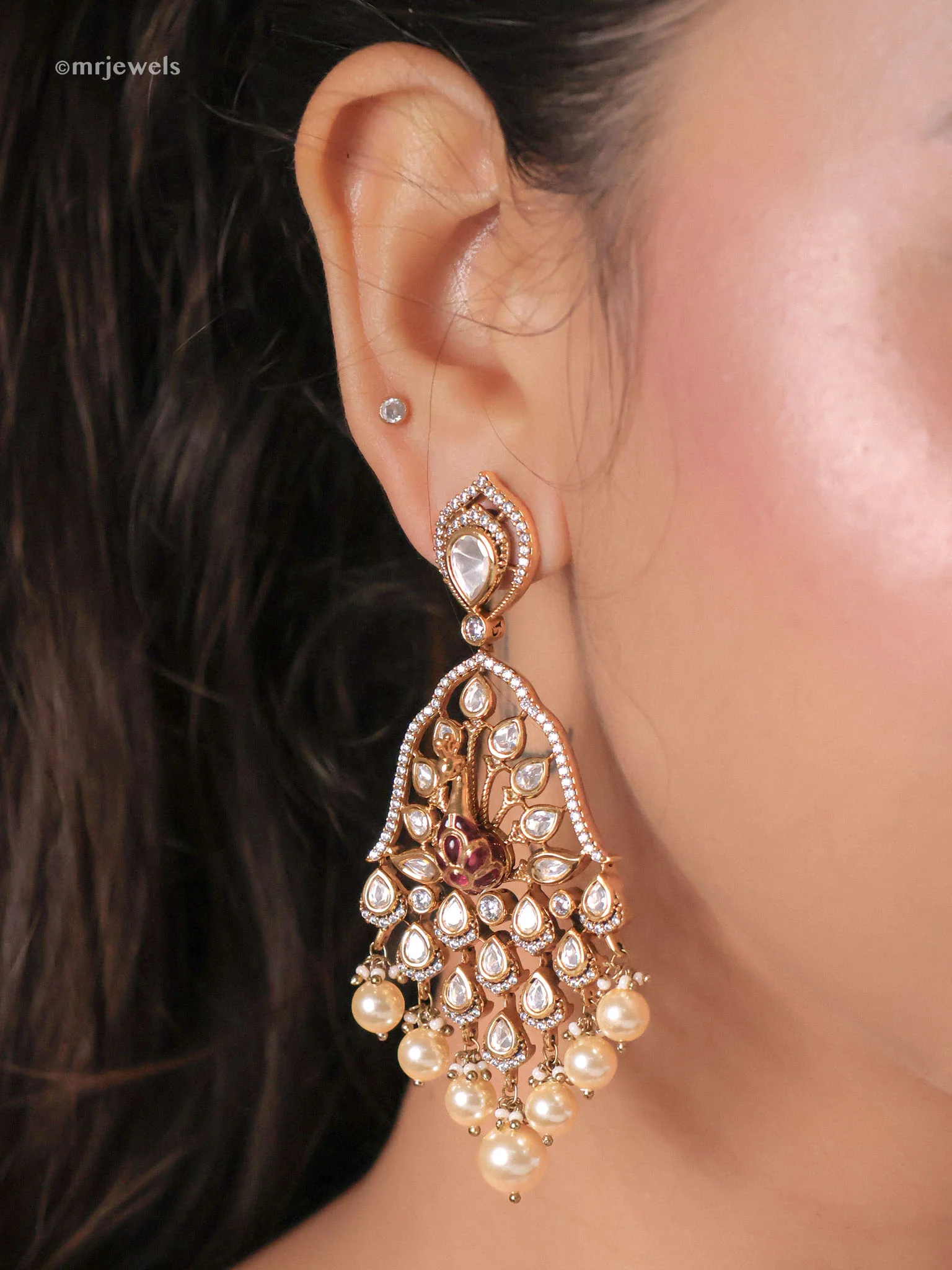 Mayuri Kundan Peacock Pearl Dangler Earrings - Image 4