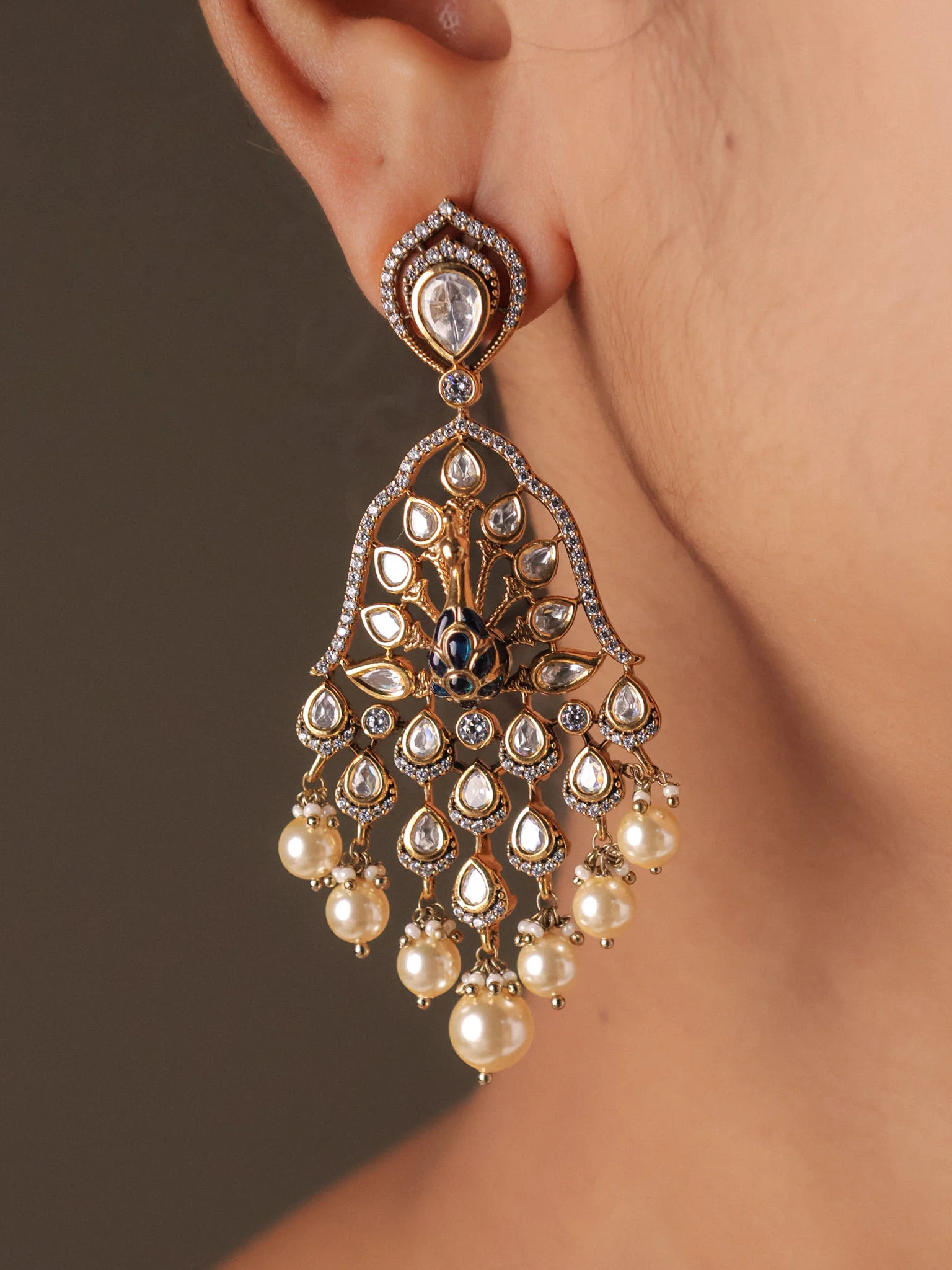 Mayuri Kundan Peacock Pearl Dangler Earrings - Image 5