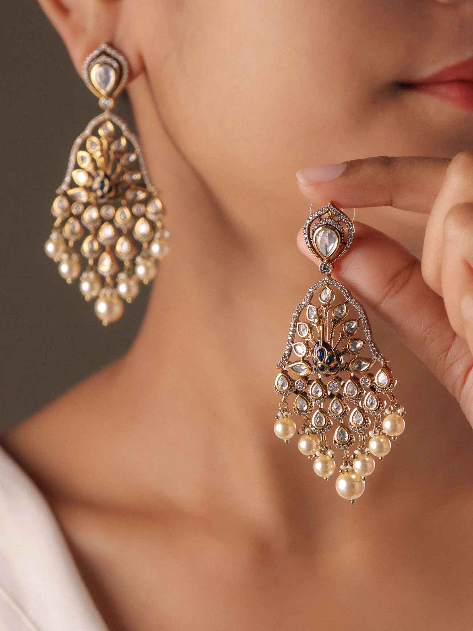 Mayuri Kundan Peacock Pearl Dangler Earrings - Image 6