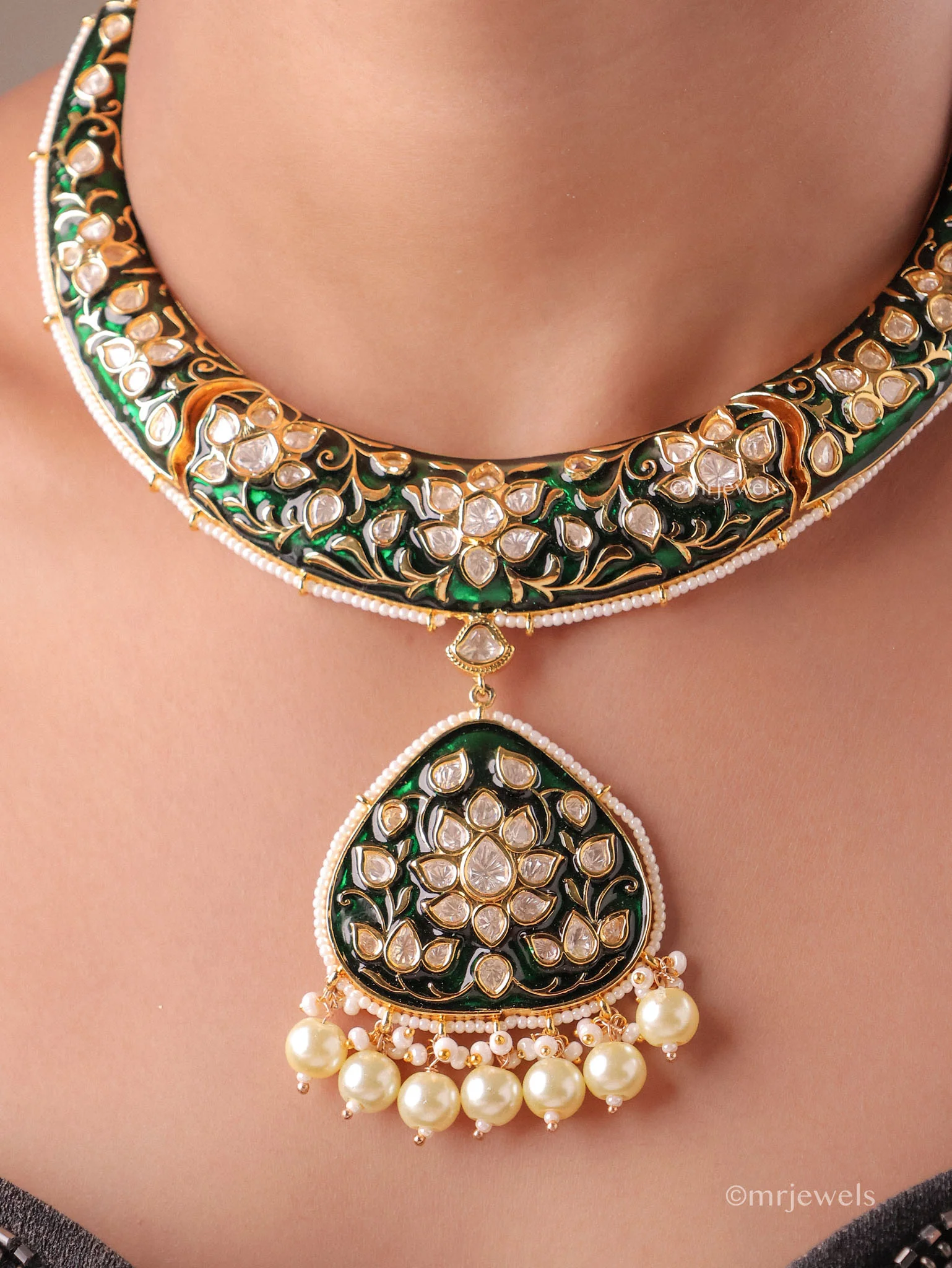 Meenakari Polki Pearl Hasli Necklace Set - Image 2