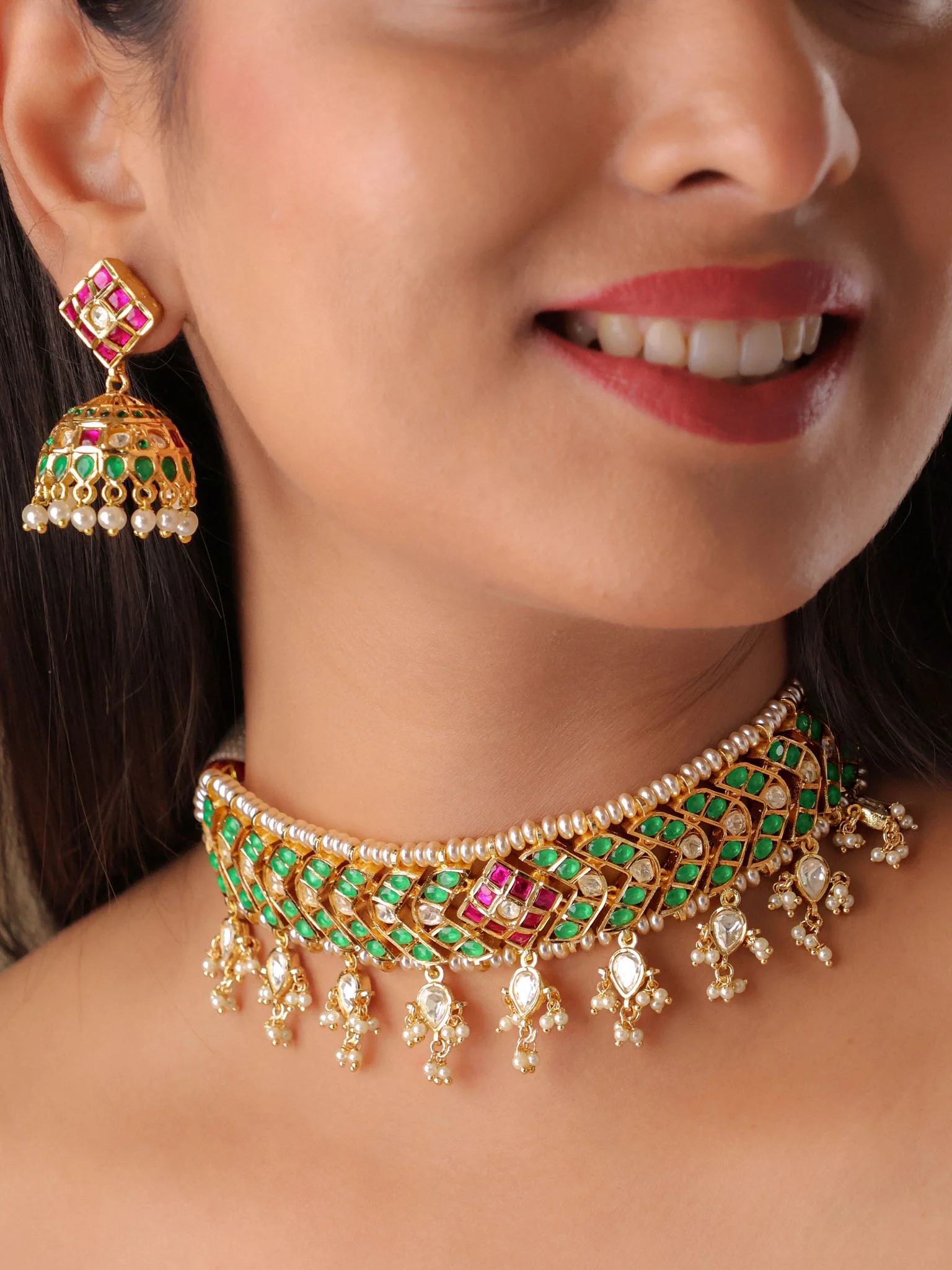 Meher Jadau Emerald Polki Choker Set