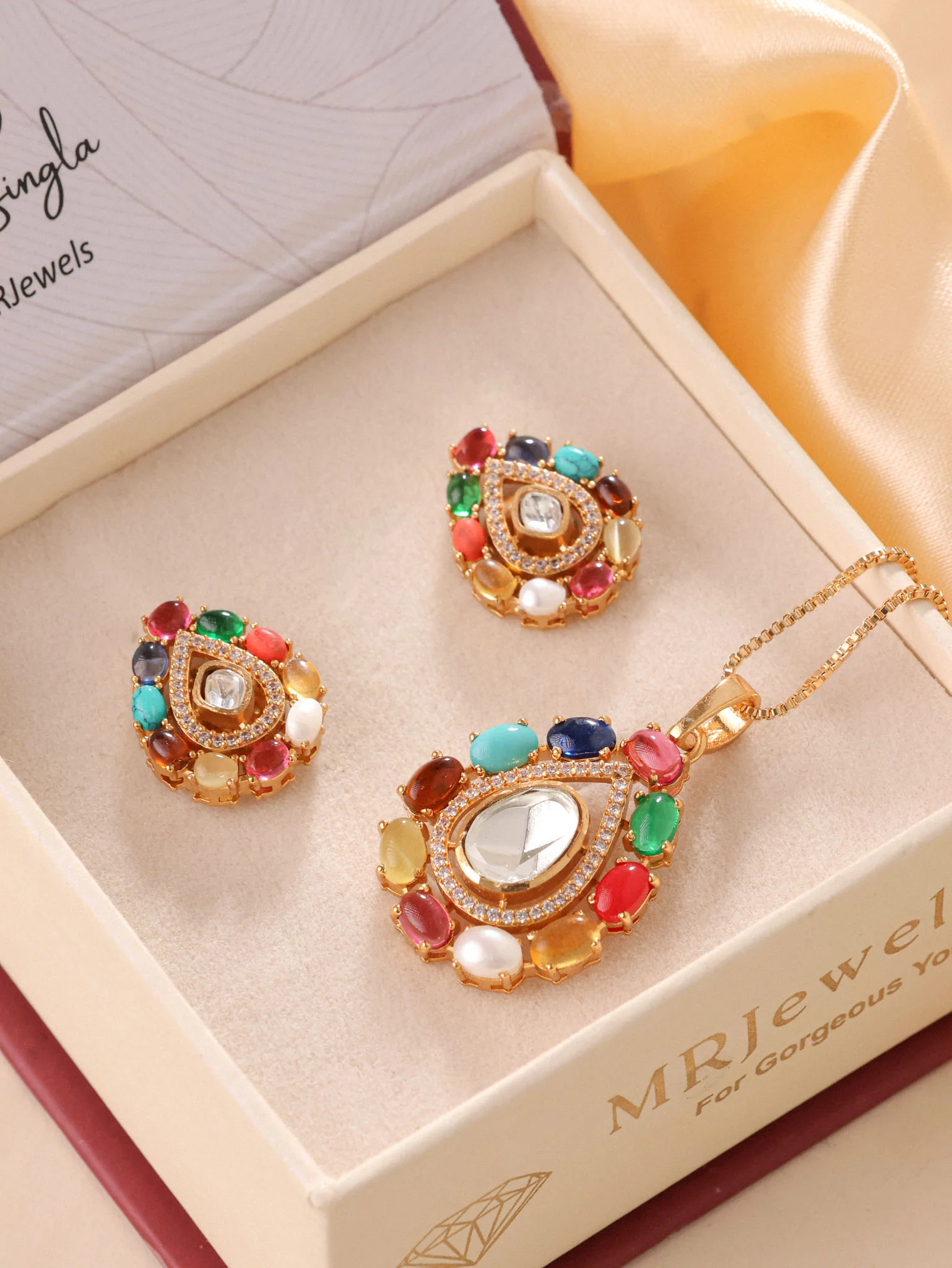 Meher Navratna Polki Pendant Set