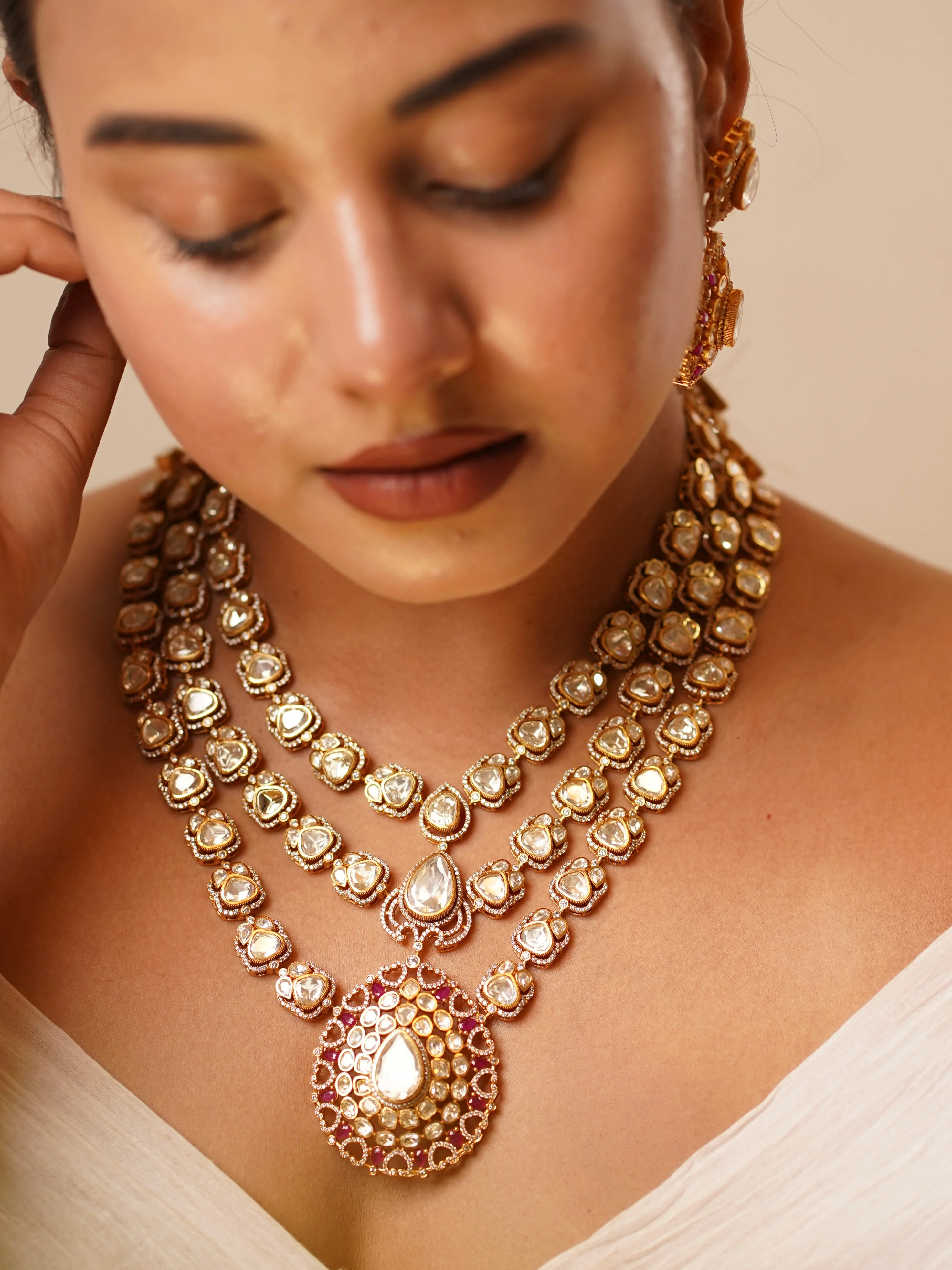 Moissanite Bridal Grandeur – Layered Necklace Set with Ruby Accents