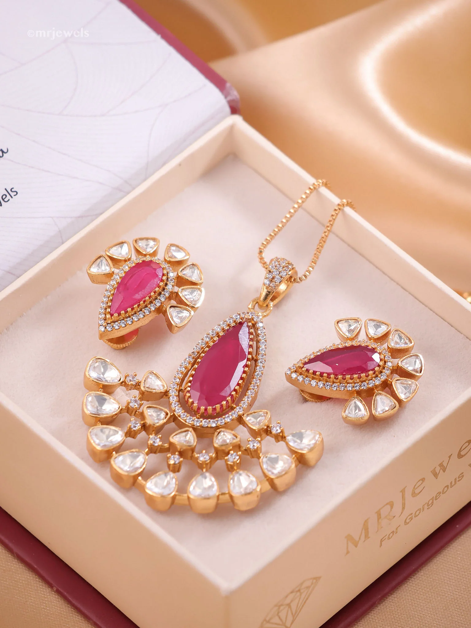 Moissanite Emerald Ruby Pendant Set